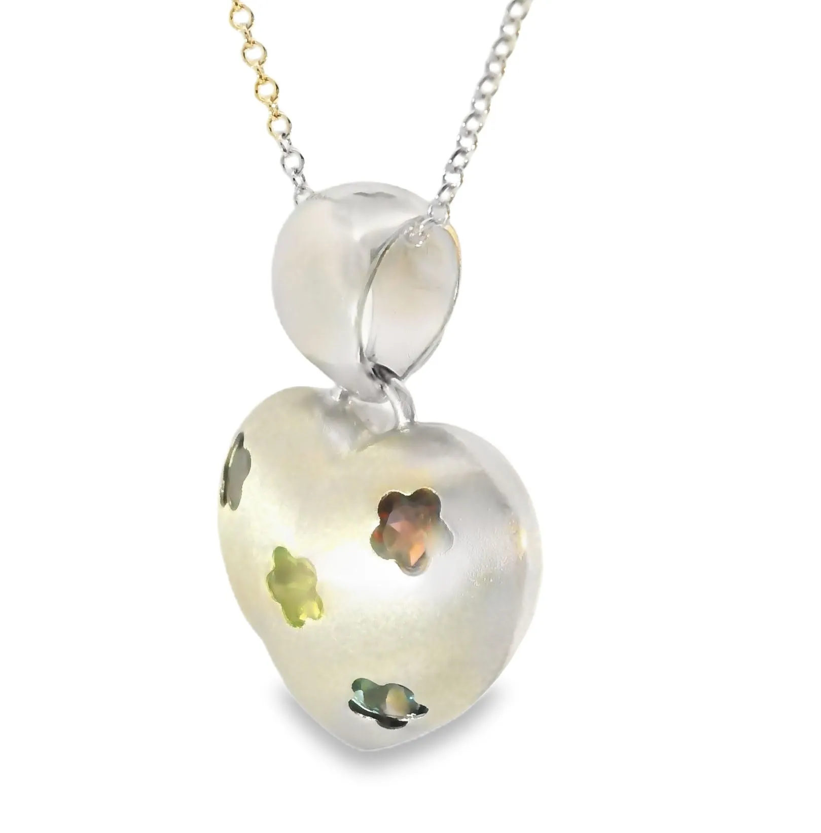 Matte 14K White Gold Floral Topaz Citrine Garnet Amethyst Peridot Heart Pendant