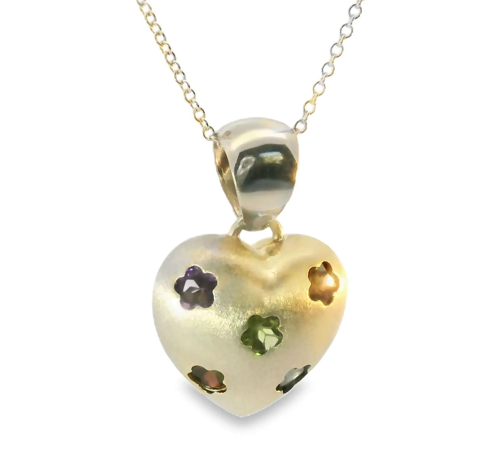 Matte 14K White Gold Floral Topaz Citrine Garnet Amethyst Peridot Heart Pendant