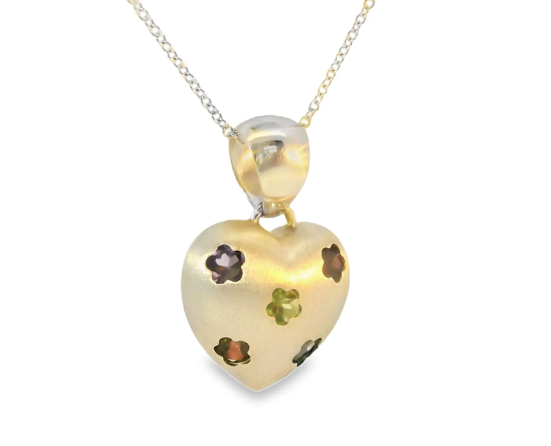 Matte 14K White Gold Floral Topaz Citrine Garnet Amethyst Peridot Heart Pendant