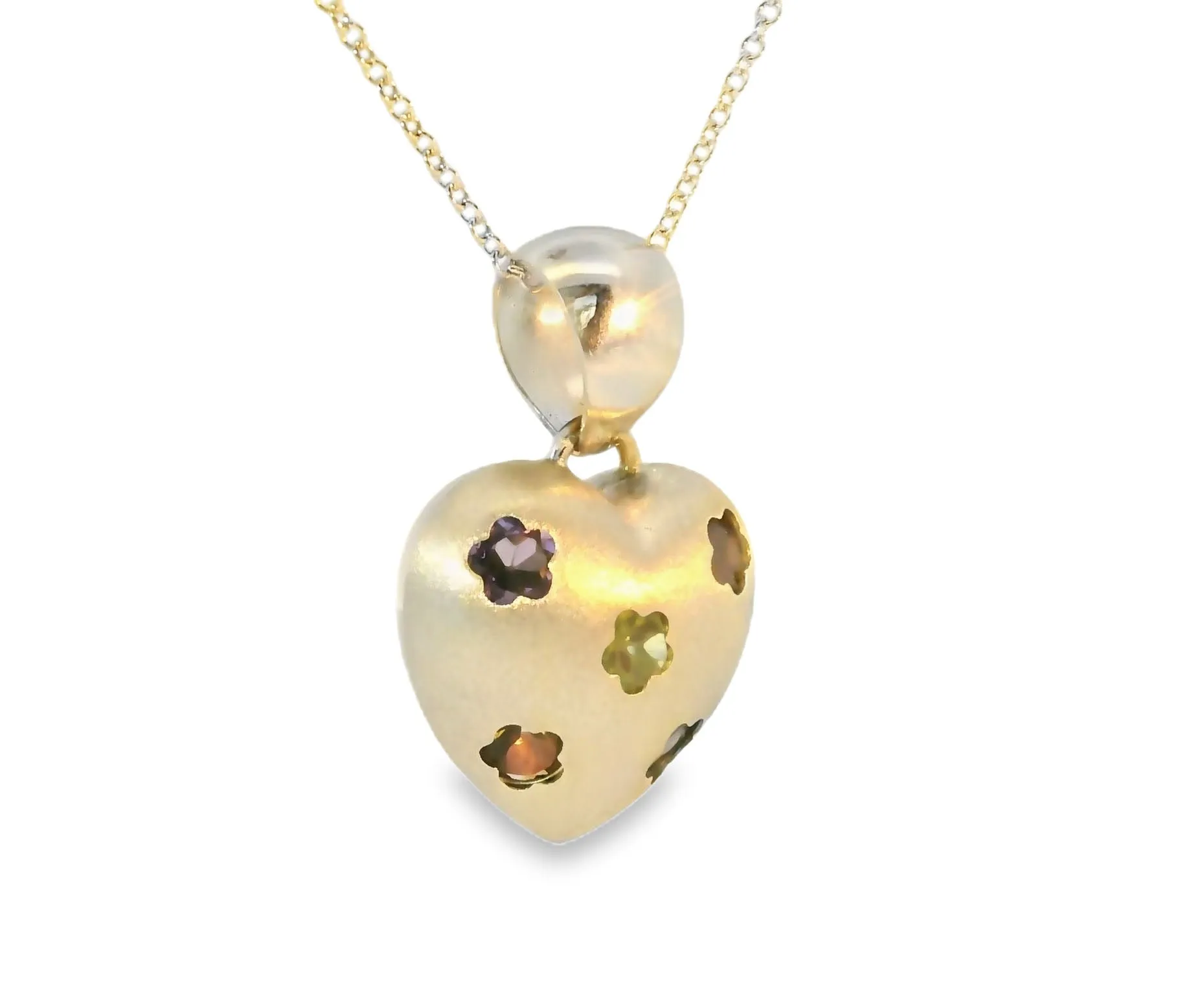 Matte 14K White Gold Floral Topaz Citrine Garnet Amethyst Peridot Heart Pendant