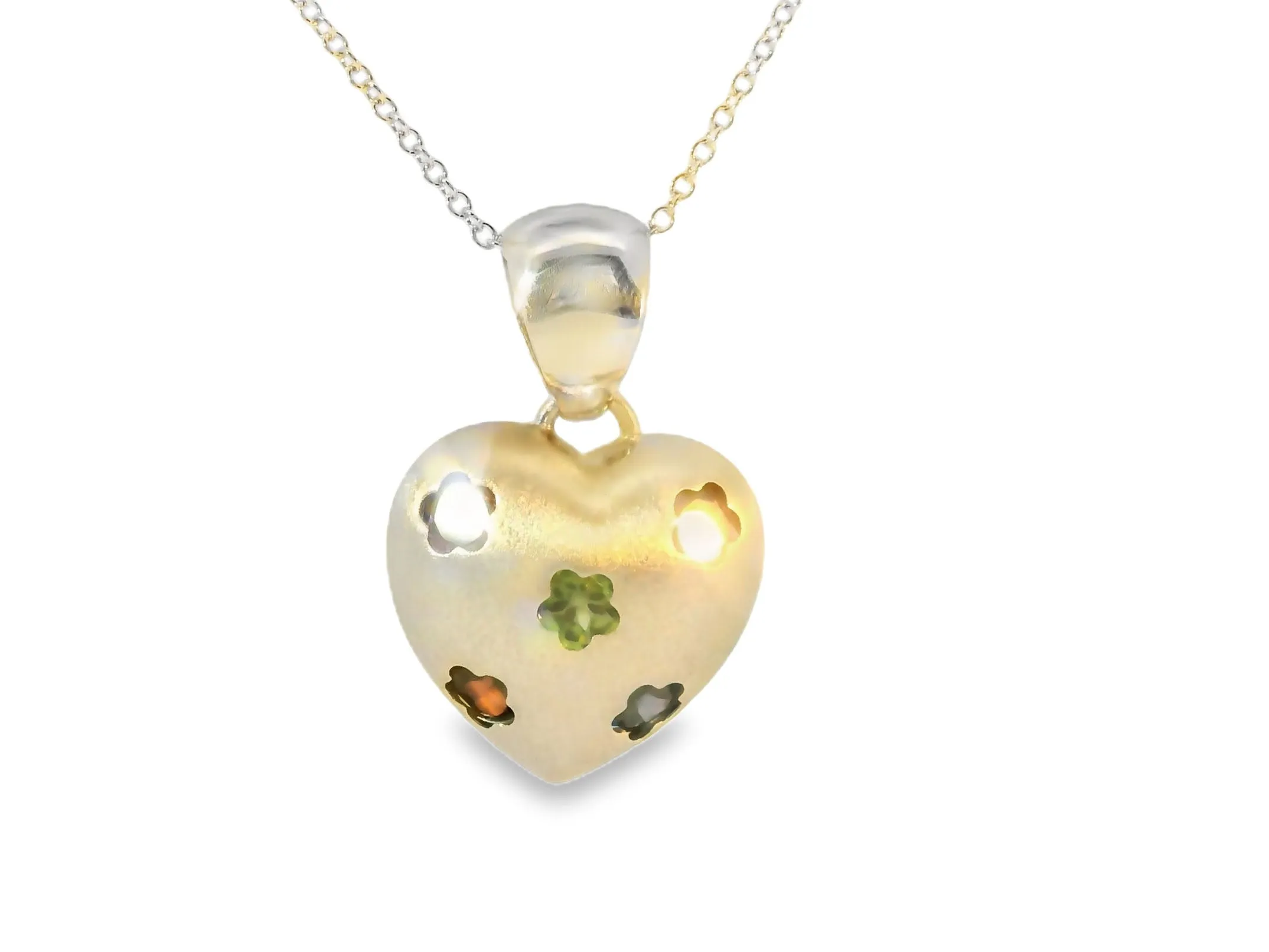 Matte 14K White Gold Floral Topaz Citrine Garnet Amethyst Peridot Heart Pendant