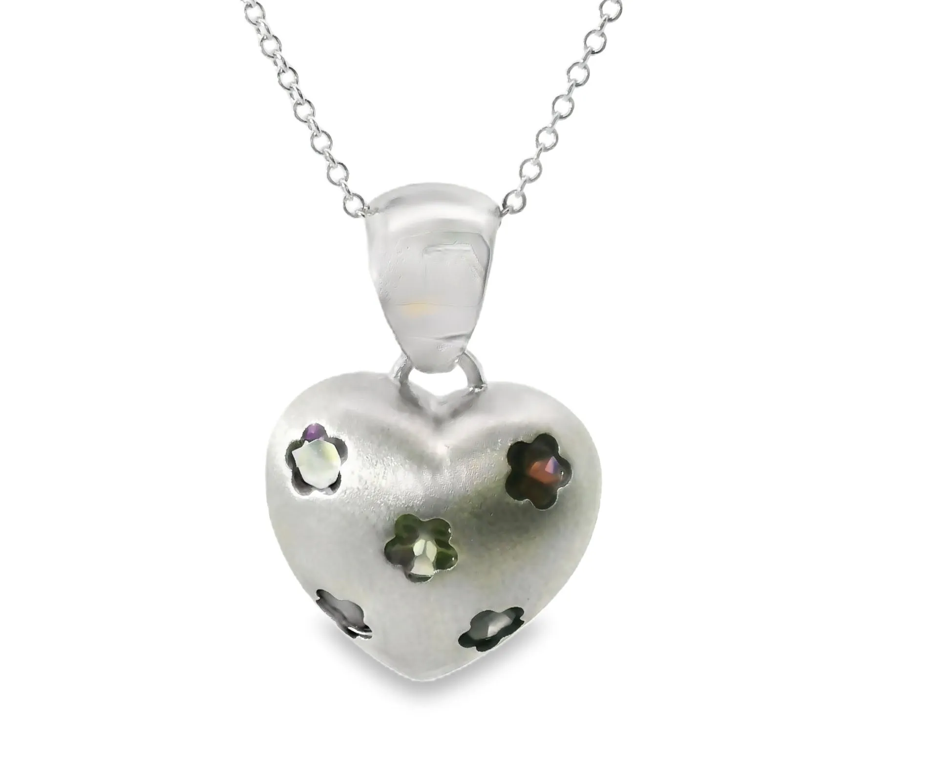 Matte 14K White Gold Floral Topaz Citrine Garnet Amethyst Peridot Heart Pendant