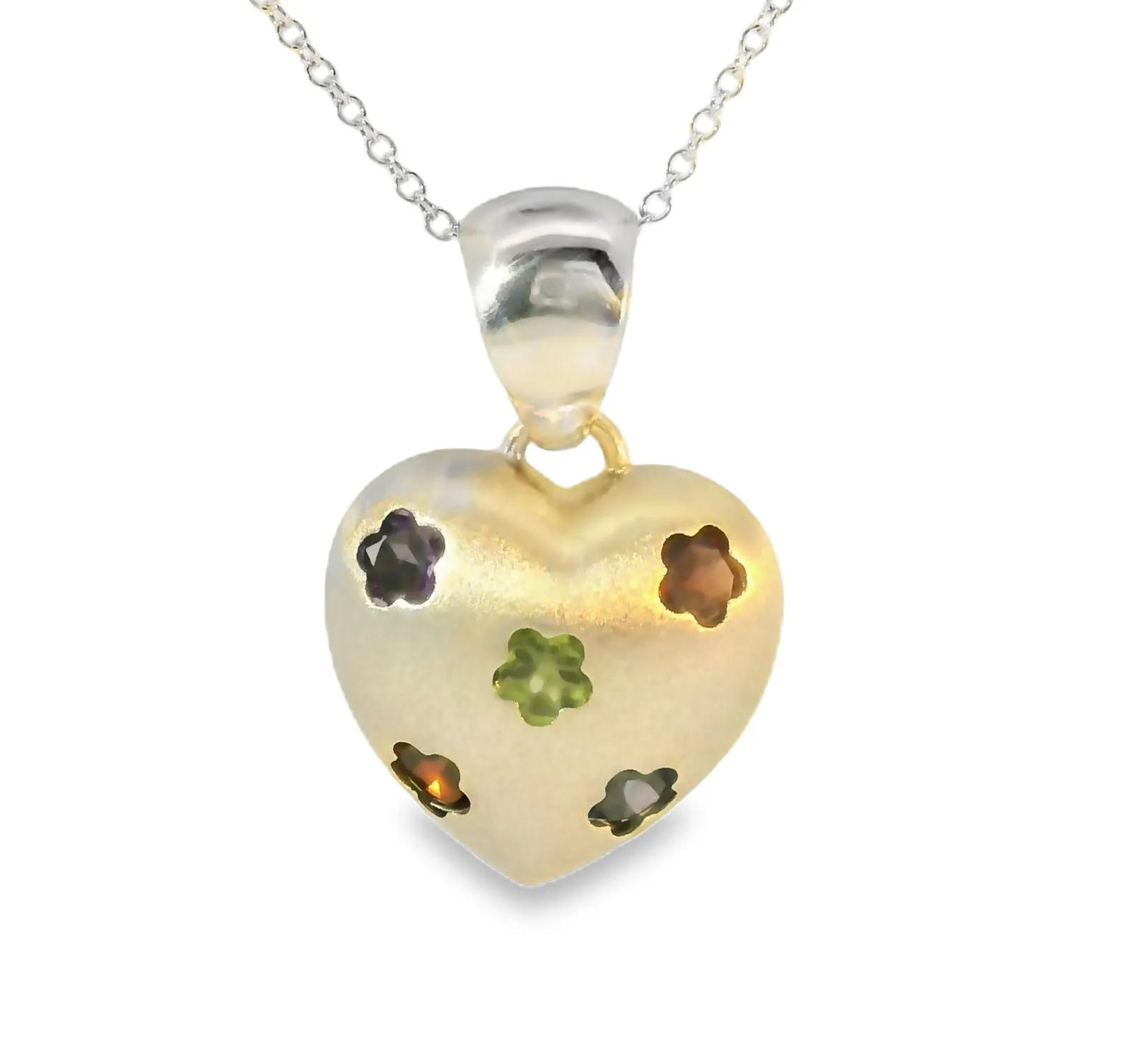 Matte 14K White Gold Floral Topaz Citrine Garnet Amethyst Peridot Heart Pendant