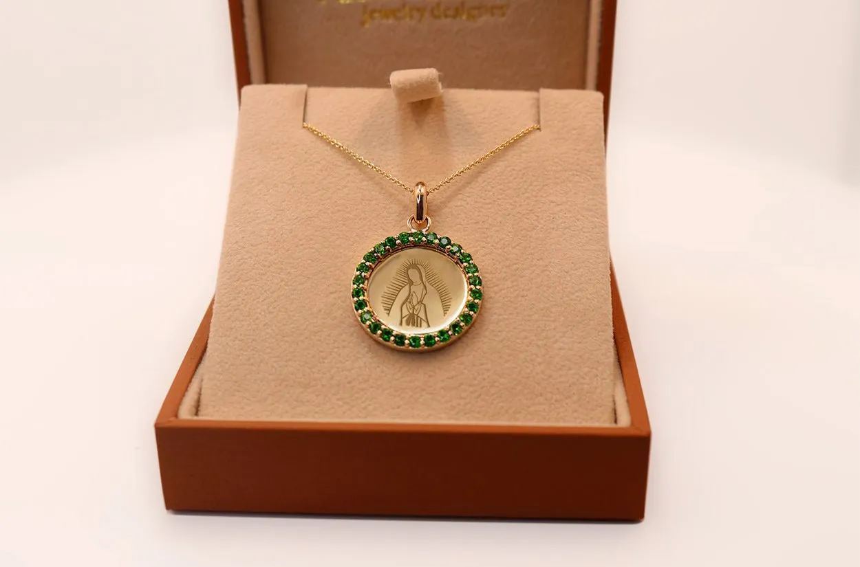 Medal Our Lady of Guadalupe | Virgen de Guadalupe Gold & Green Garnet
