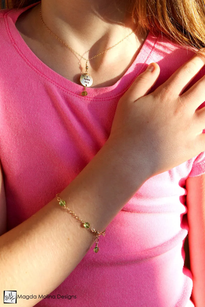 Mini Goddess (children) "i love mom/dad" Necklace With Peridot Gems