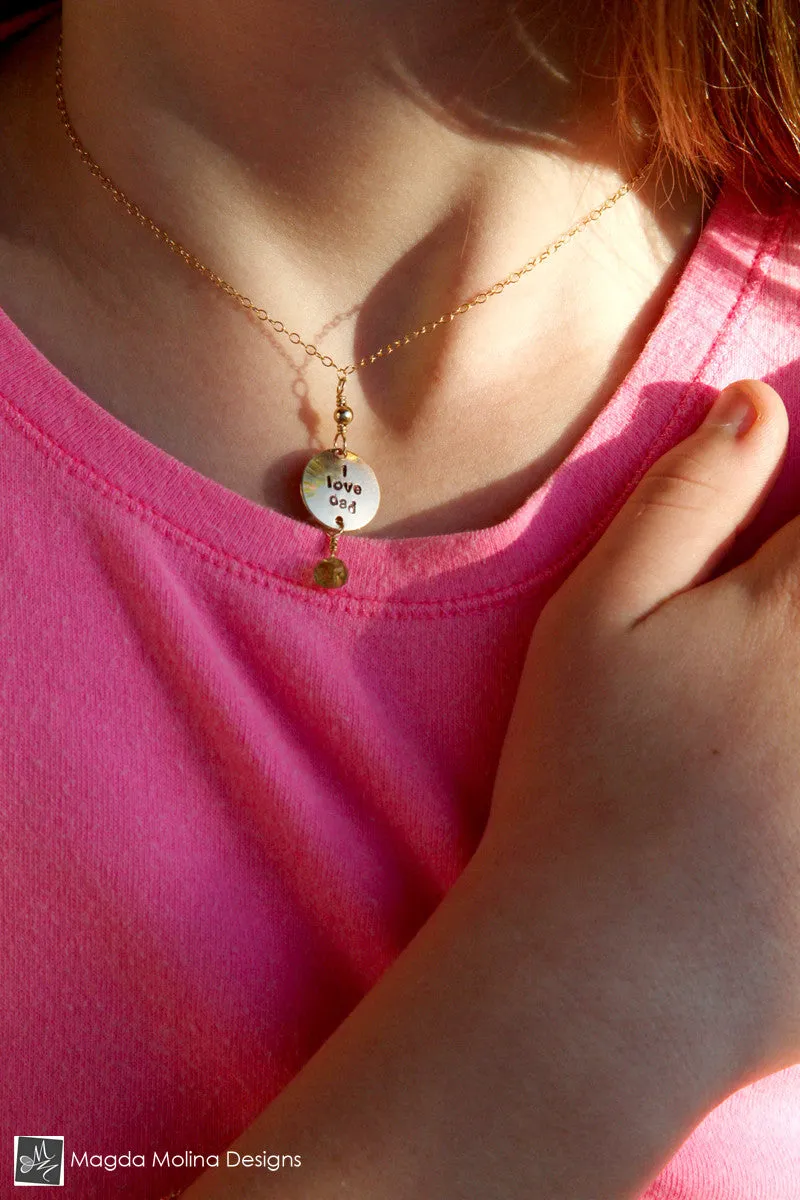 Mini Goddess (children) "i love mom/dad" Necklace With Peridot Gems