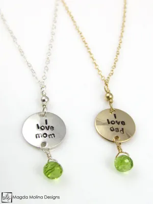Mini Goddess (children) "i love mom/dad" Necklace With Peridot Gems