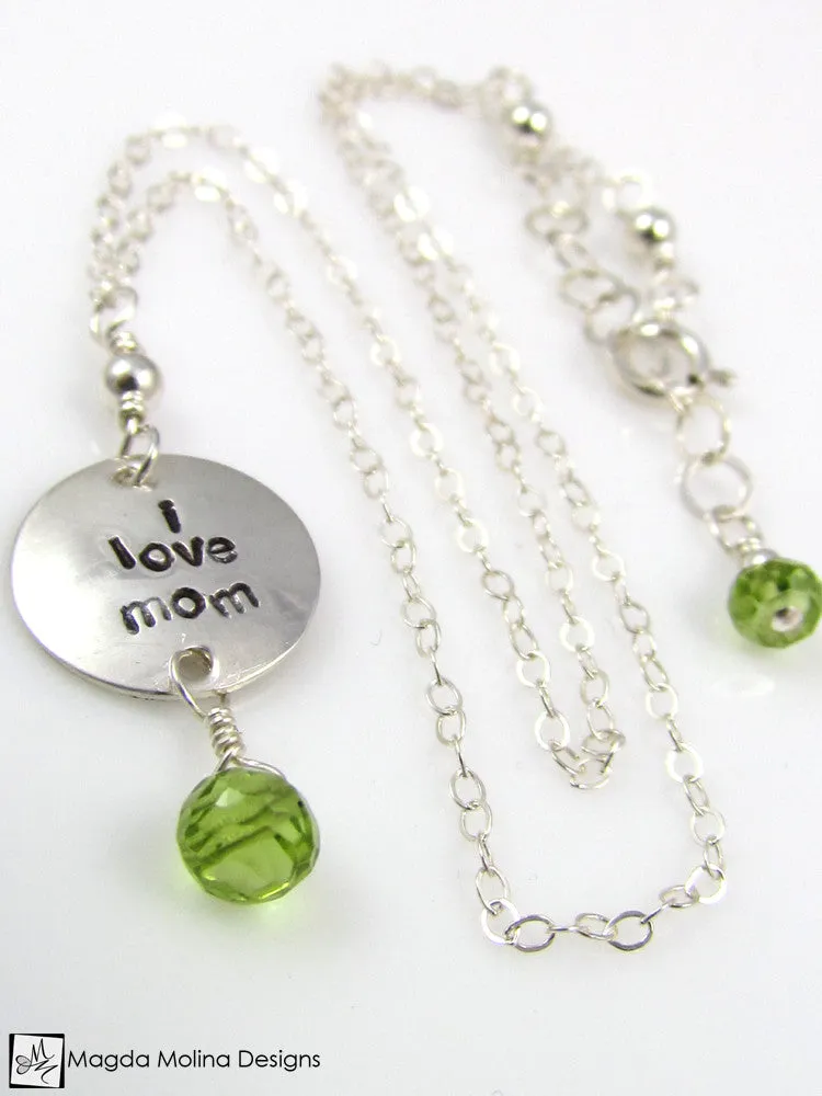 Mini Goddess (children) "i love mom/dad" Necklace With Peridot Gems