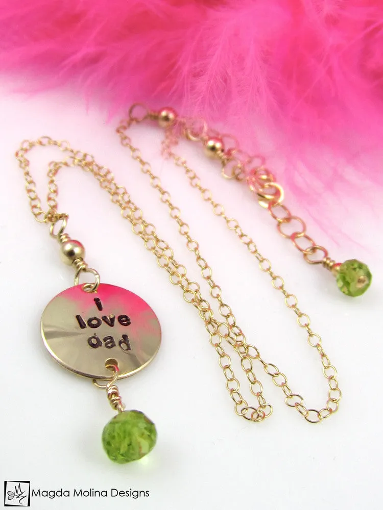 Mini Goddess (children) "i love mom/dad" Necklace With Peridot Gems