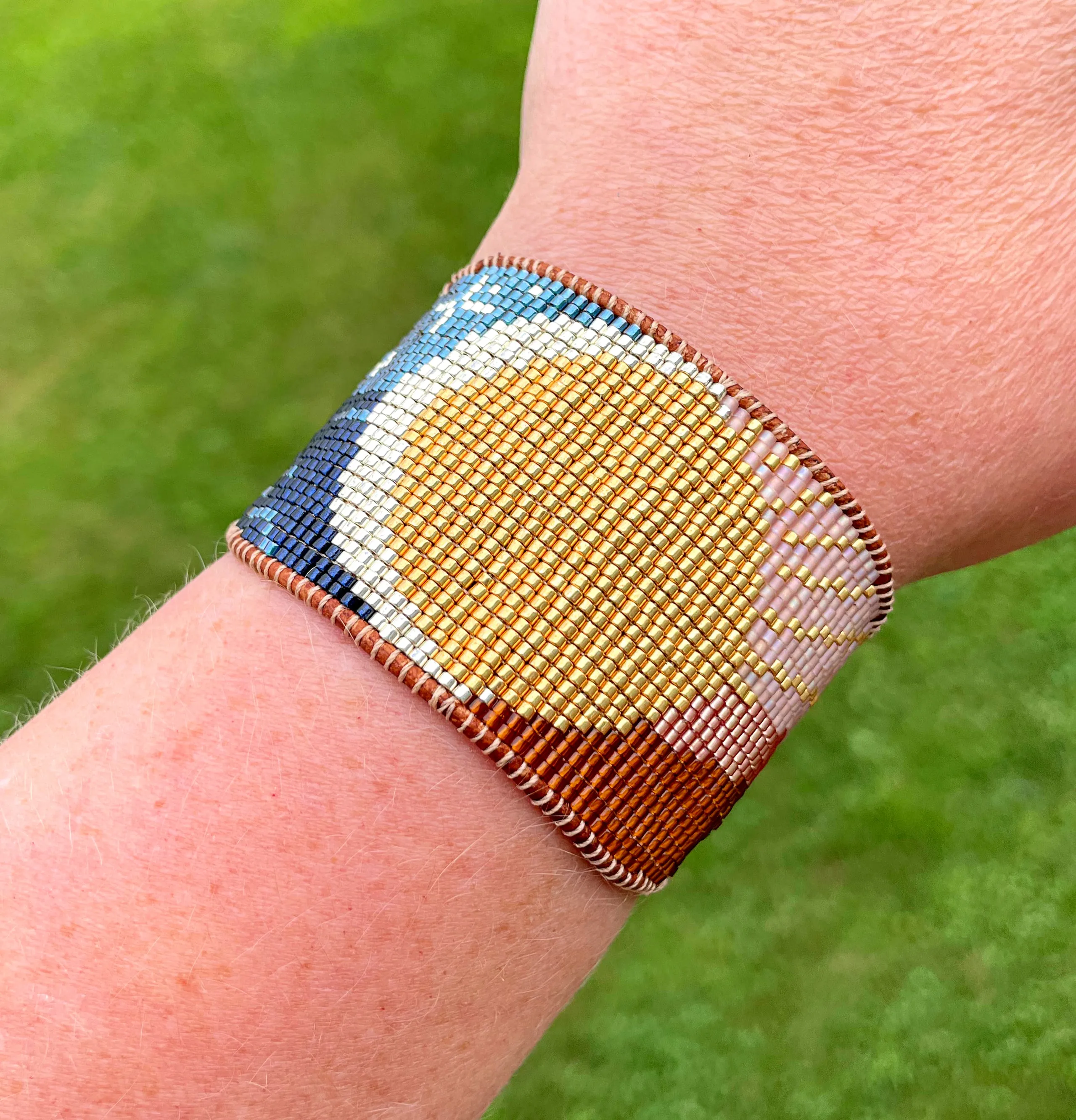 Moon and Sun Bead Loom Woven Cuff Bracelet with leather trim
