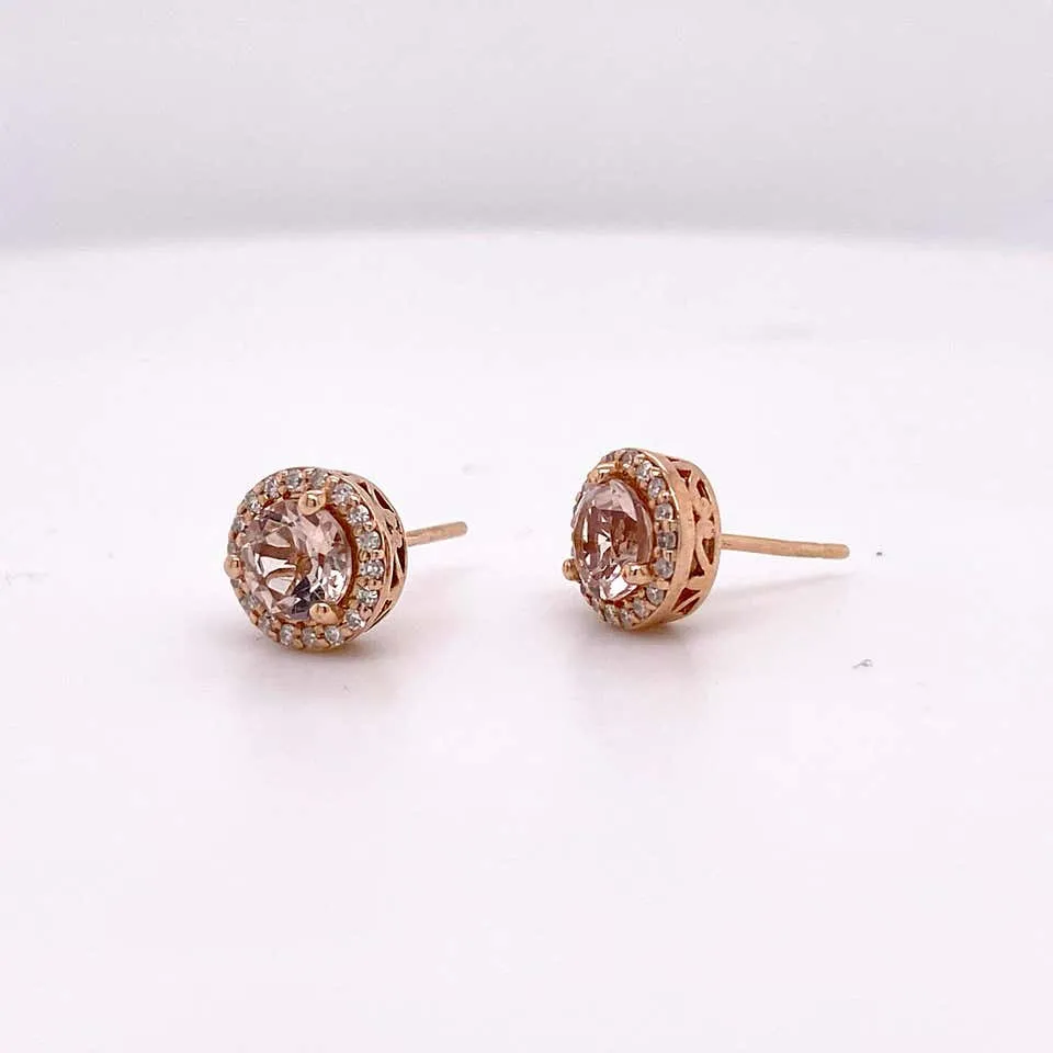 Morganite Diamond Halo Stud Earrings