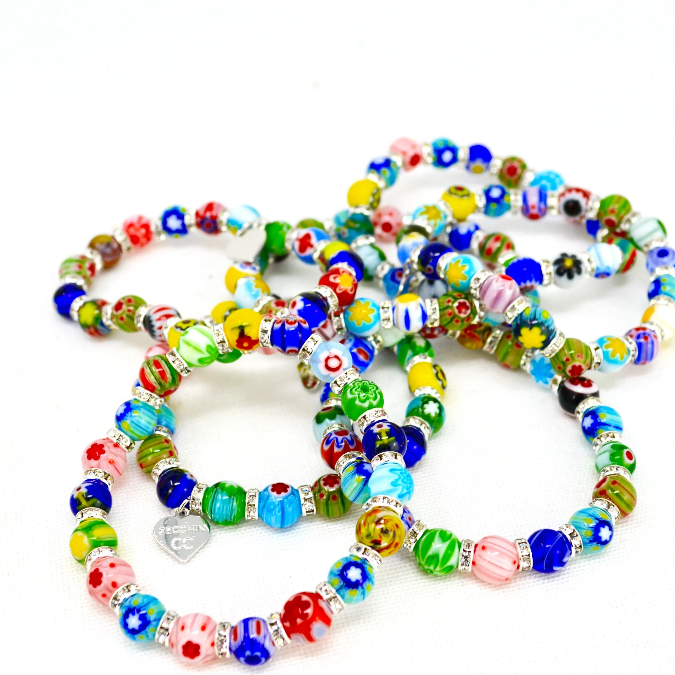 Murano Glass Millefiori Bead Elastic Bracelet, Made in Italy