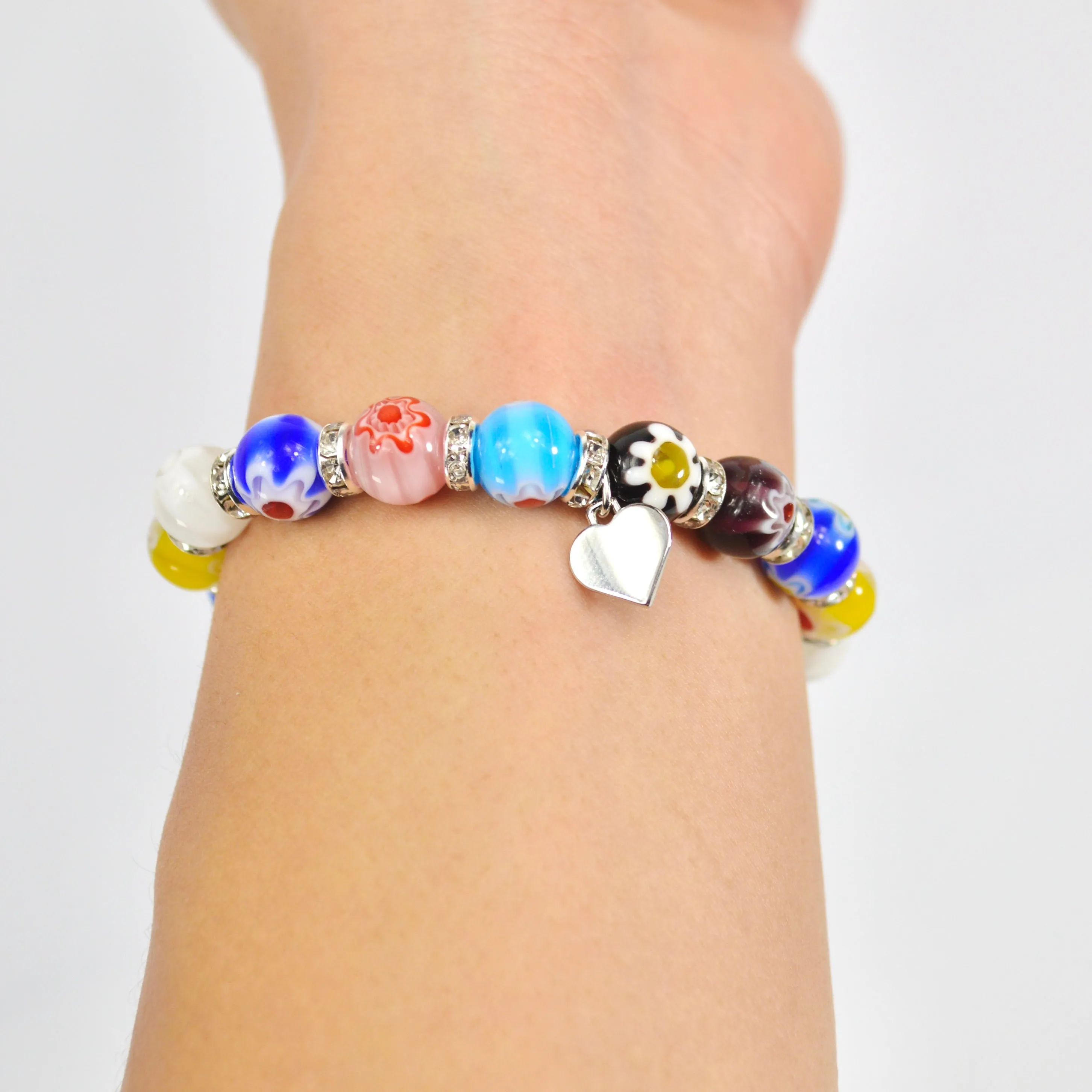 Murano Glass Millefiori Bead Elastic Bracelet, Made in Italy