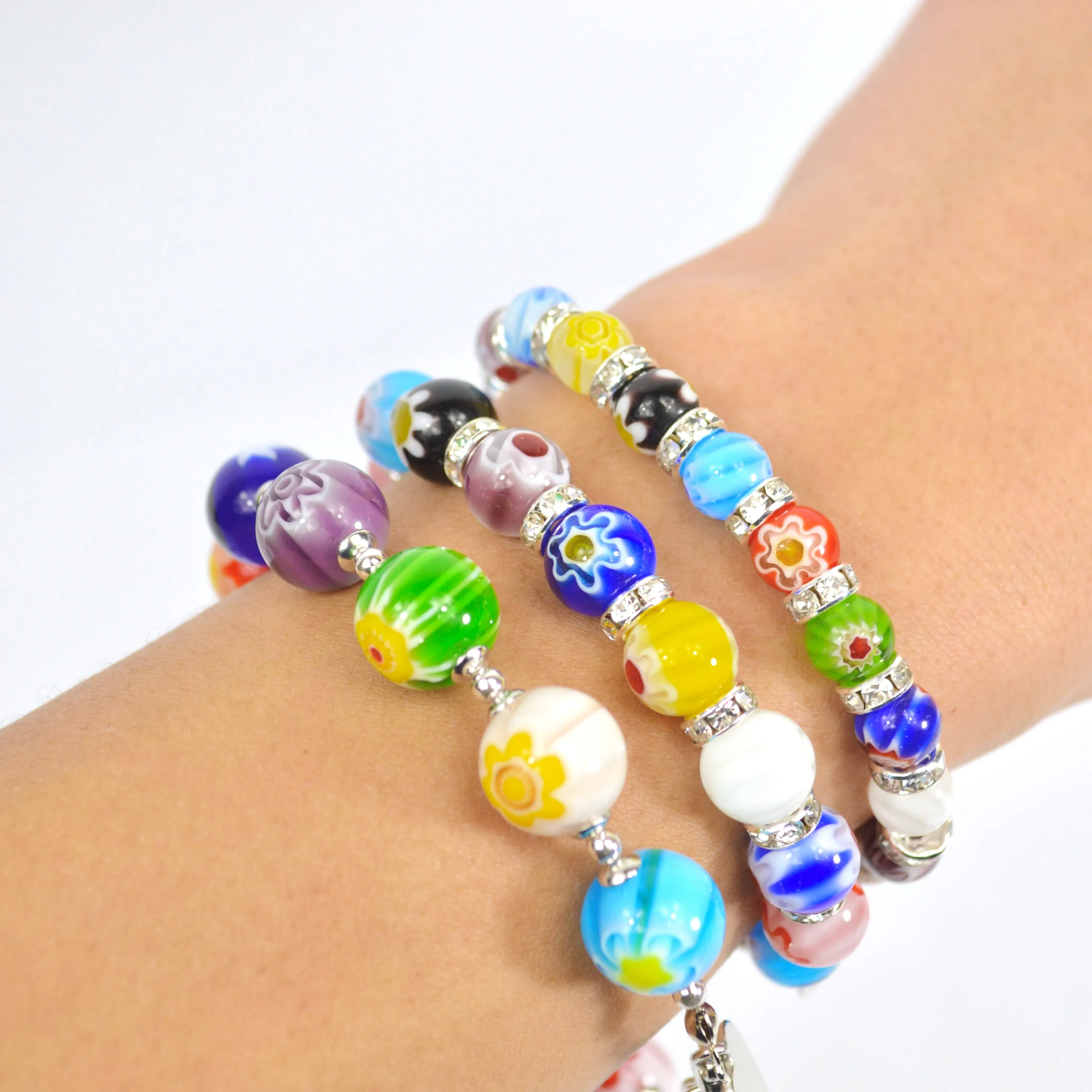 Murano Glass Millefiori Bead Elastic Bracelet, Made in Italy