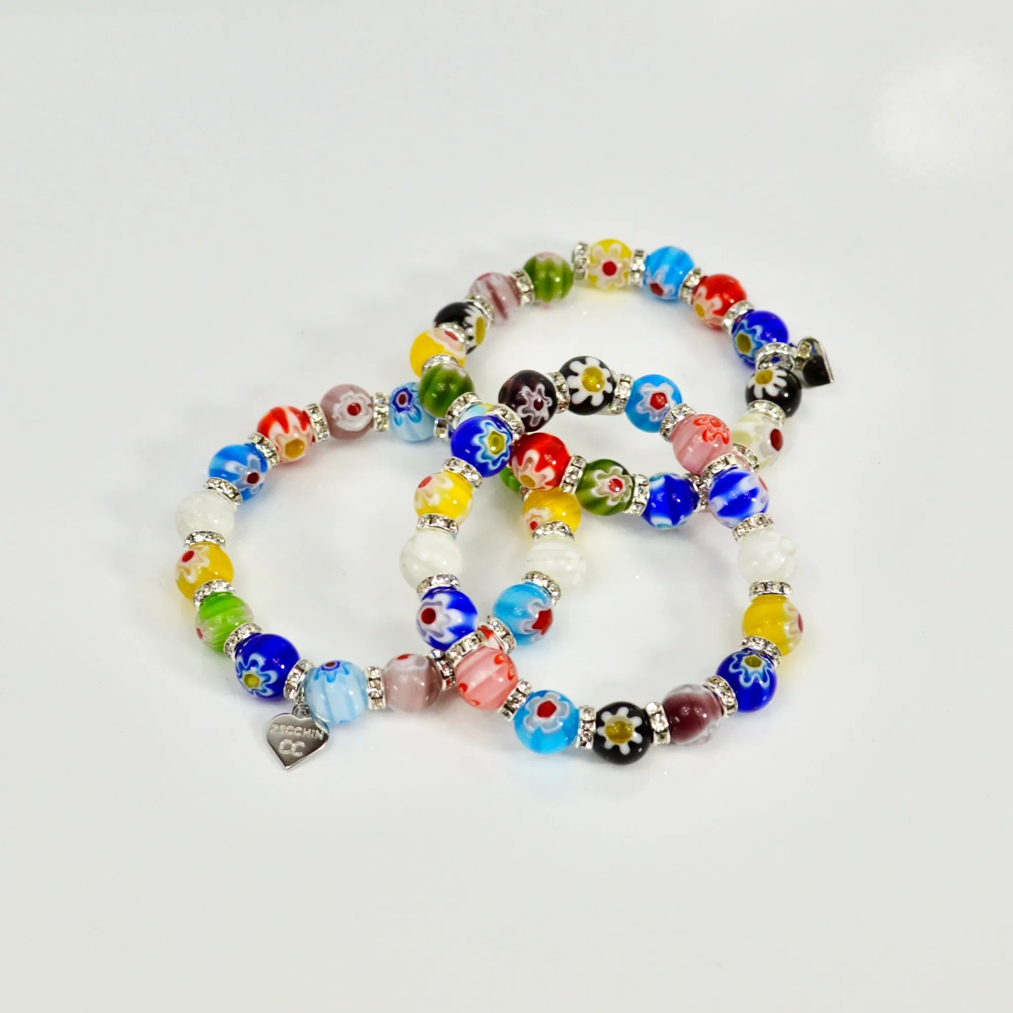 Murano Glass Millefiori Bead Elastic Bracelet, Made in Italy
