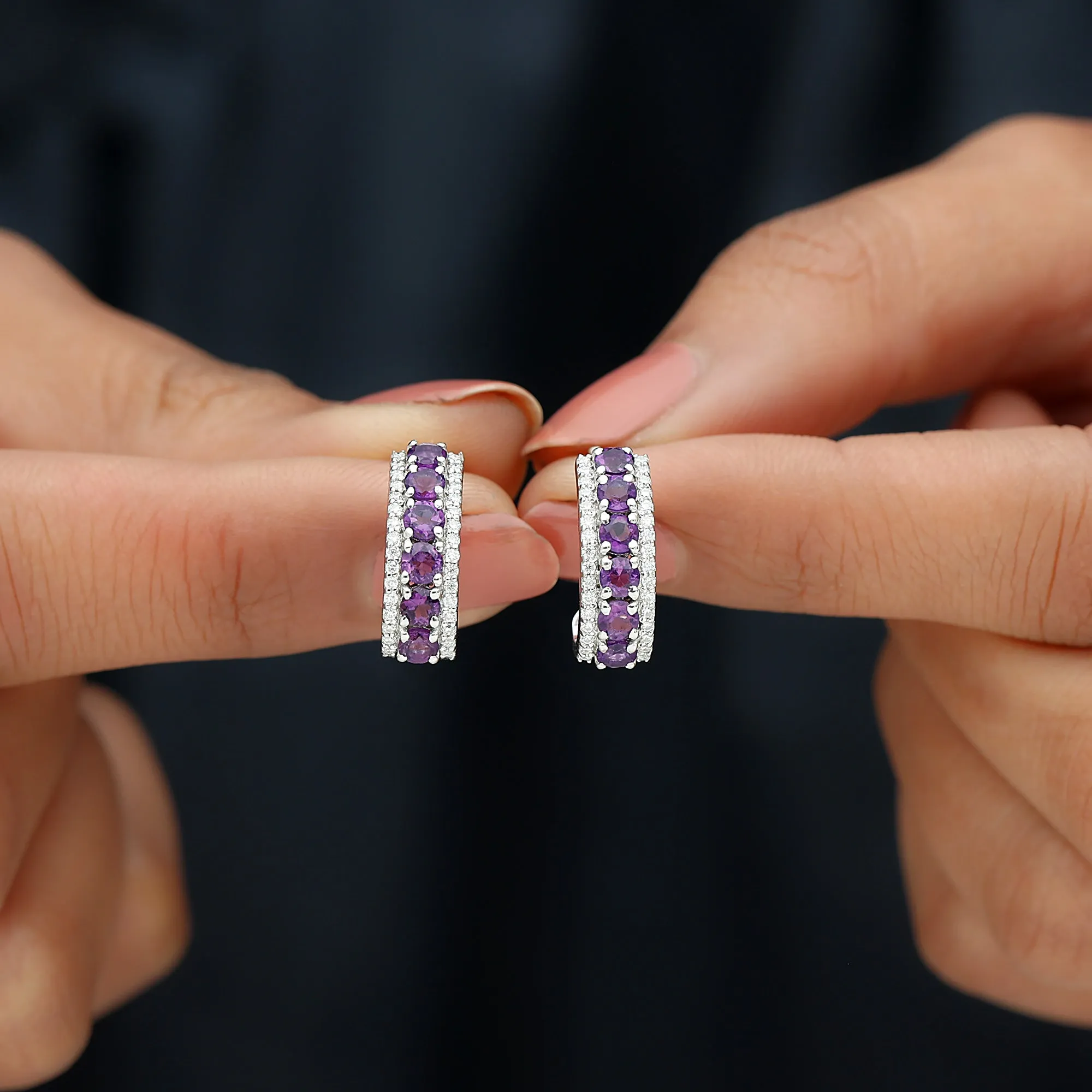 Natural Amethyst Moissanite Hoop Earrings