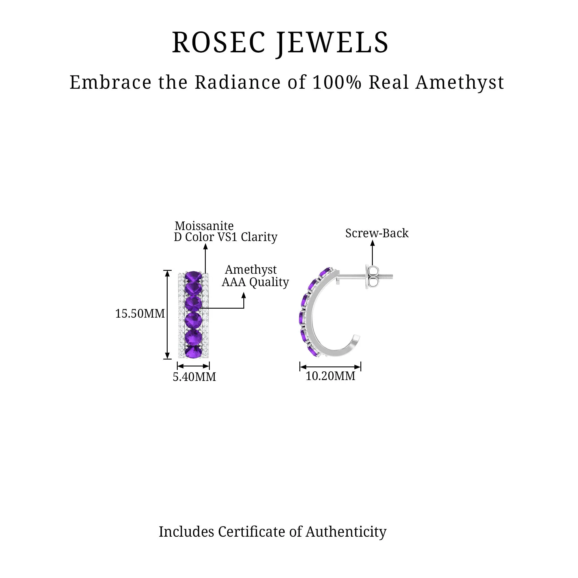 Natural Amethyst Moissanite Hoop Earrings