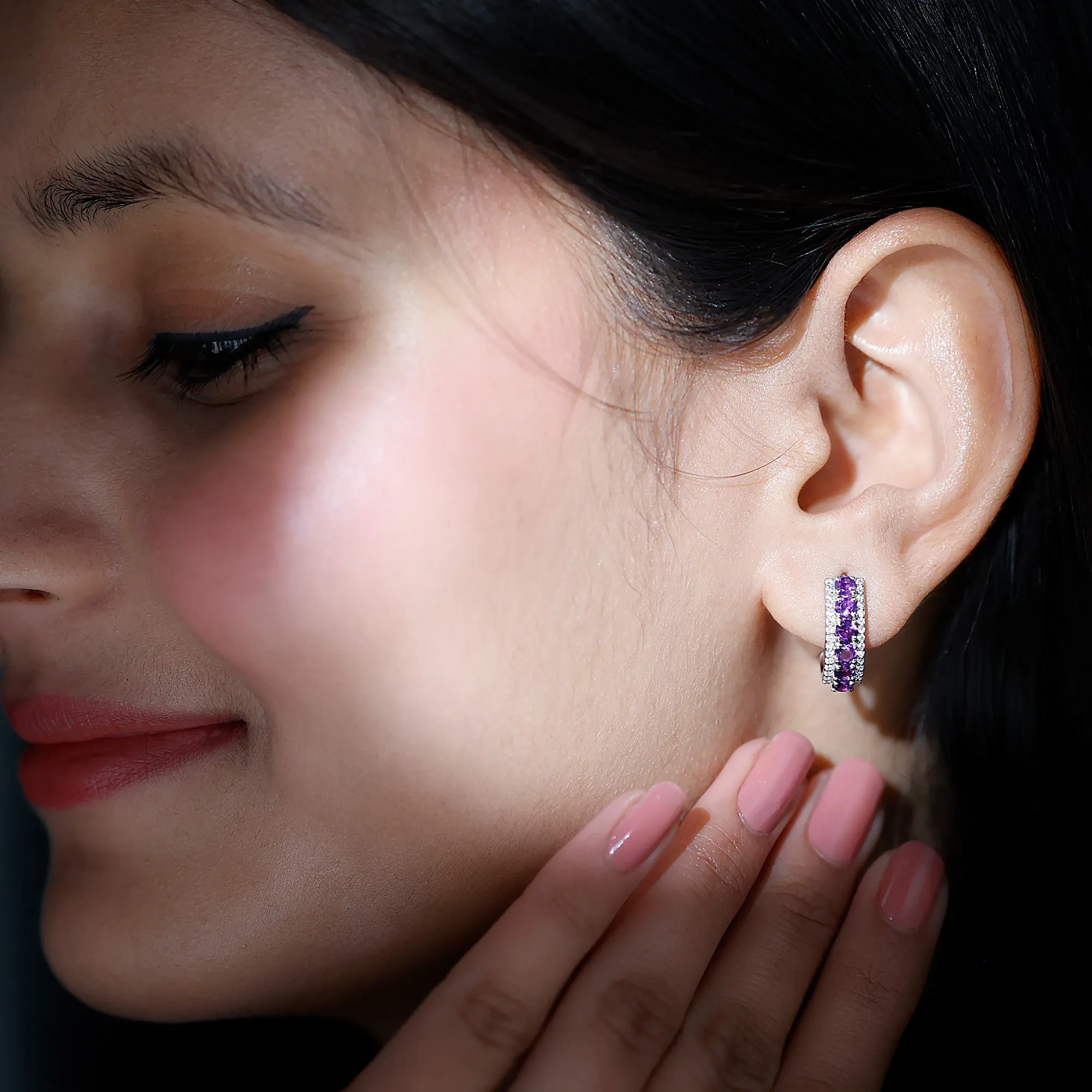 Natural Amethyst Moissanite Hoop Earrings