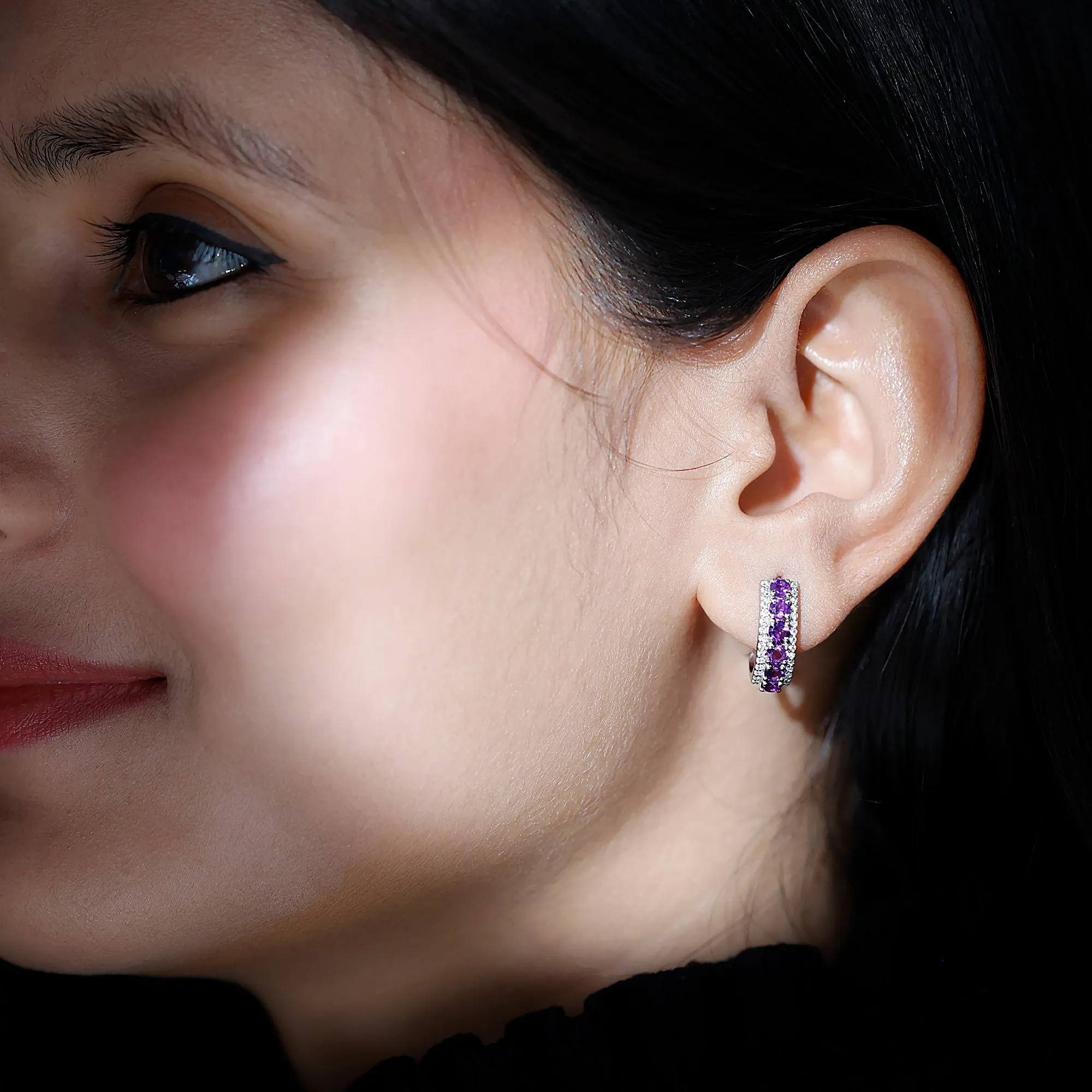 Natural Amethyst Moissanite Hoop Earrings