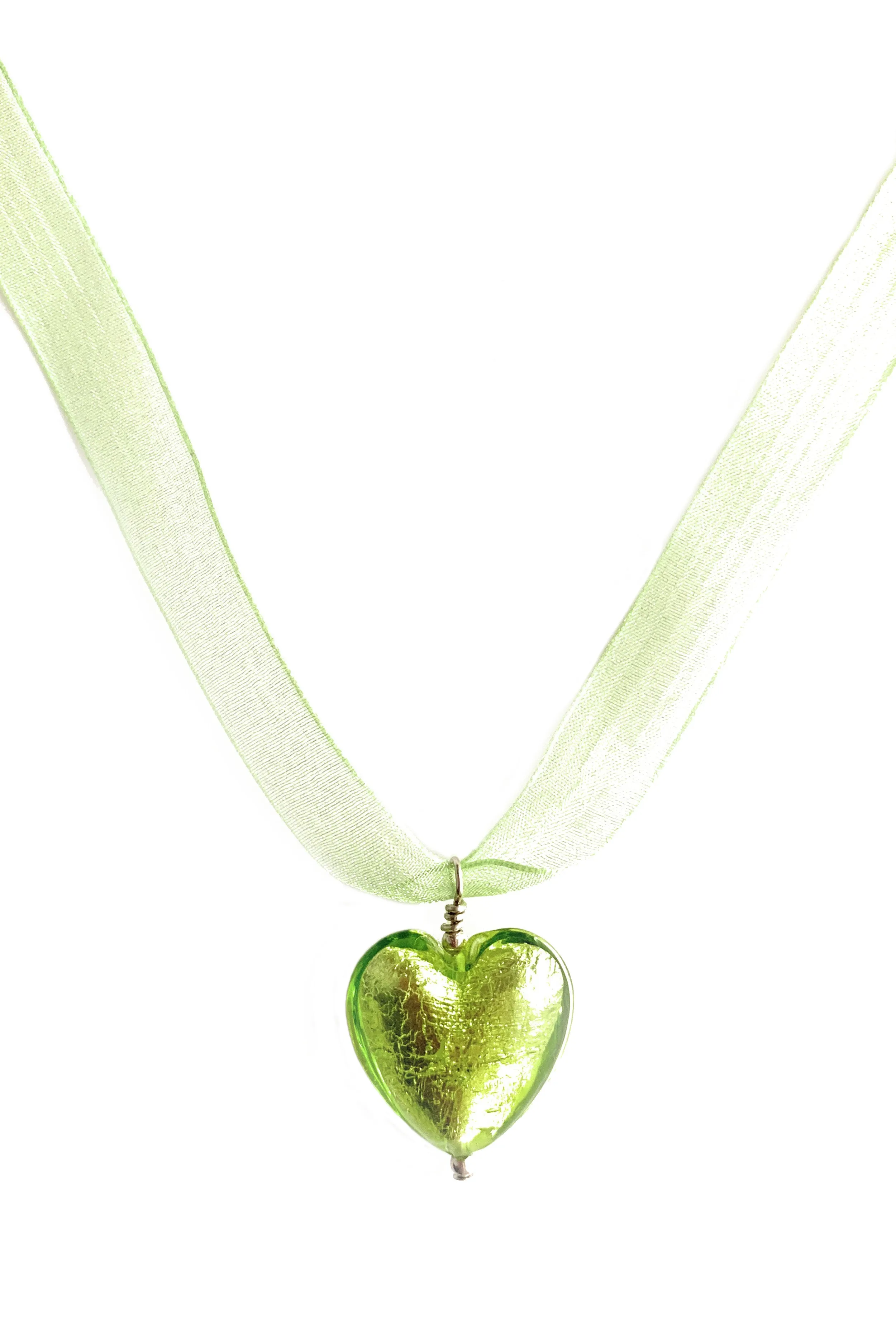Necklace with light green (lime, peridot) Murano glass medium heart pendant on ribbon
