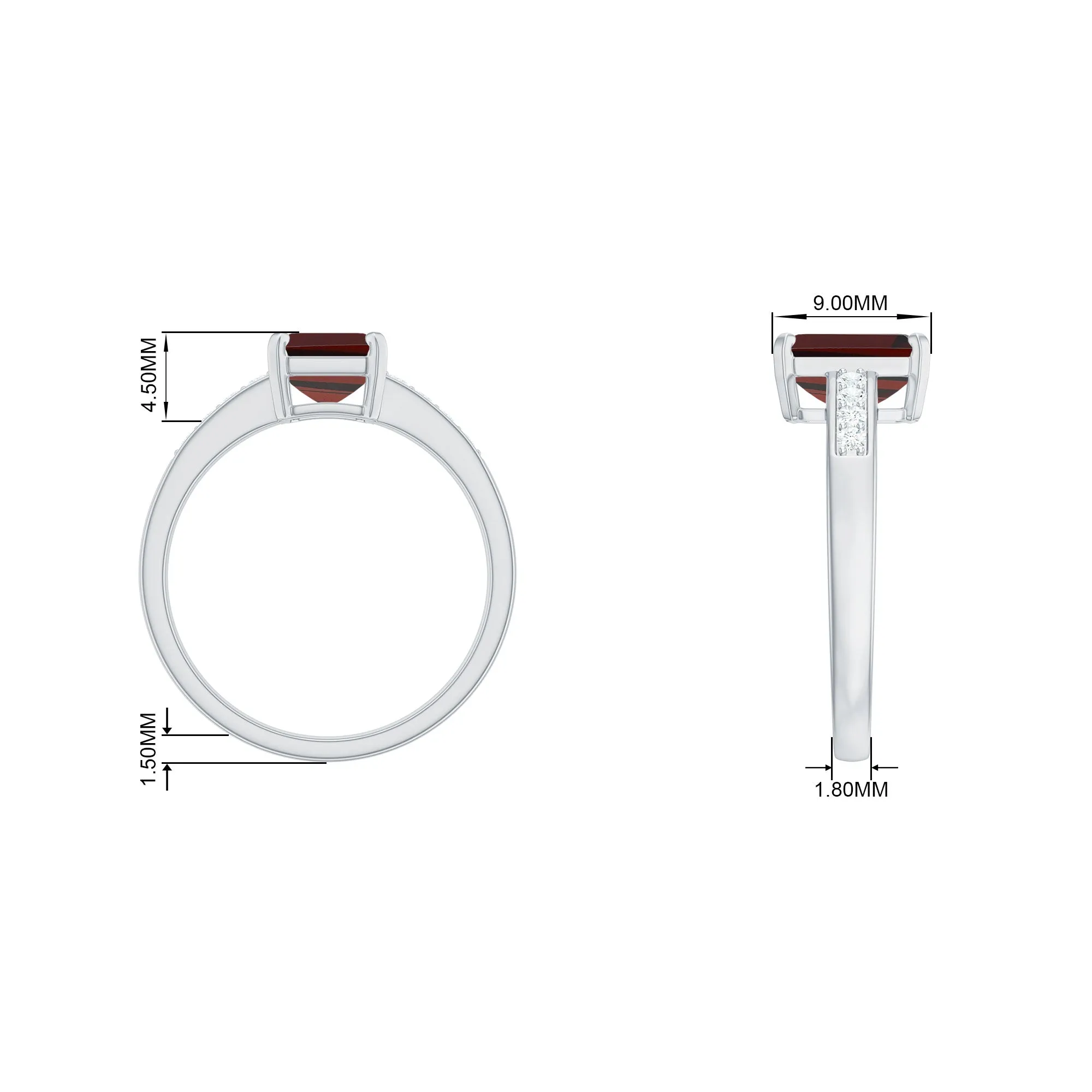 Octagon Cut Real Garnet Solitaire Ring with Diamond