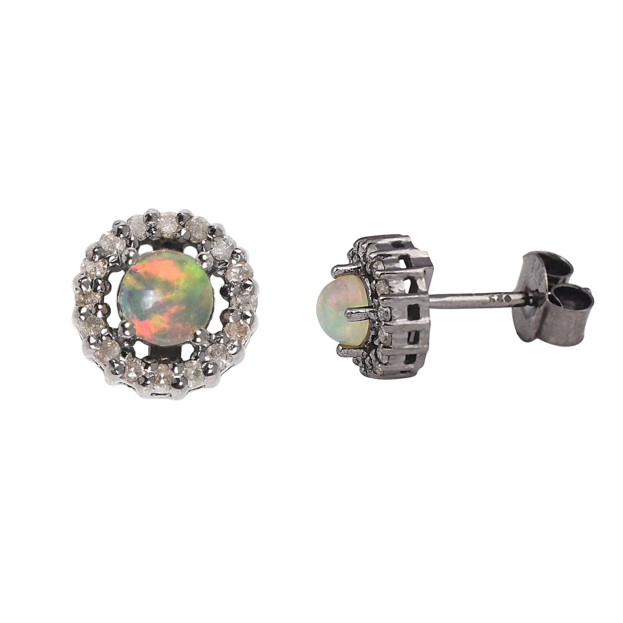 Opal Round Diamond Halo Studs Earrings