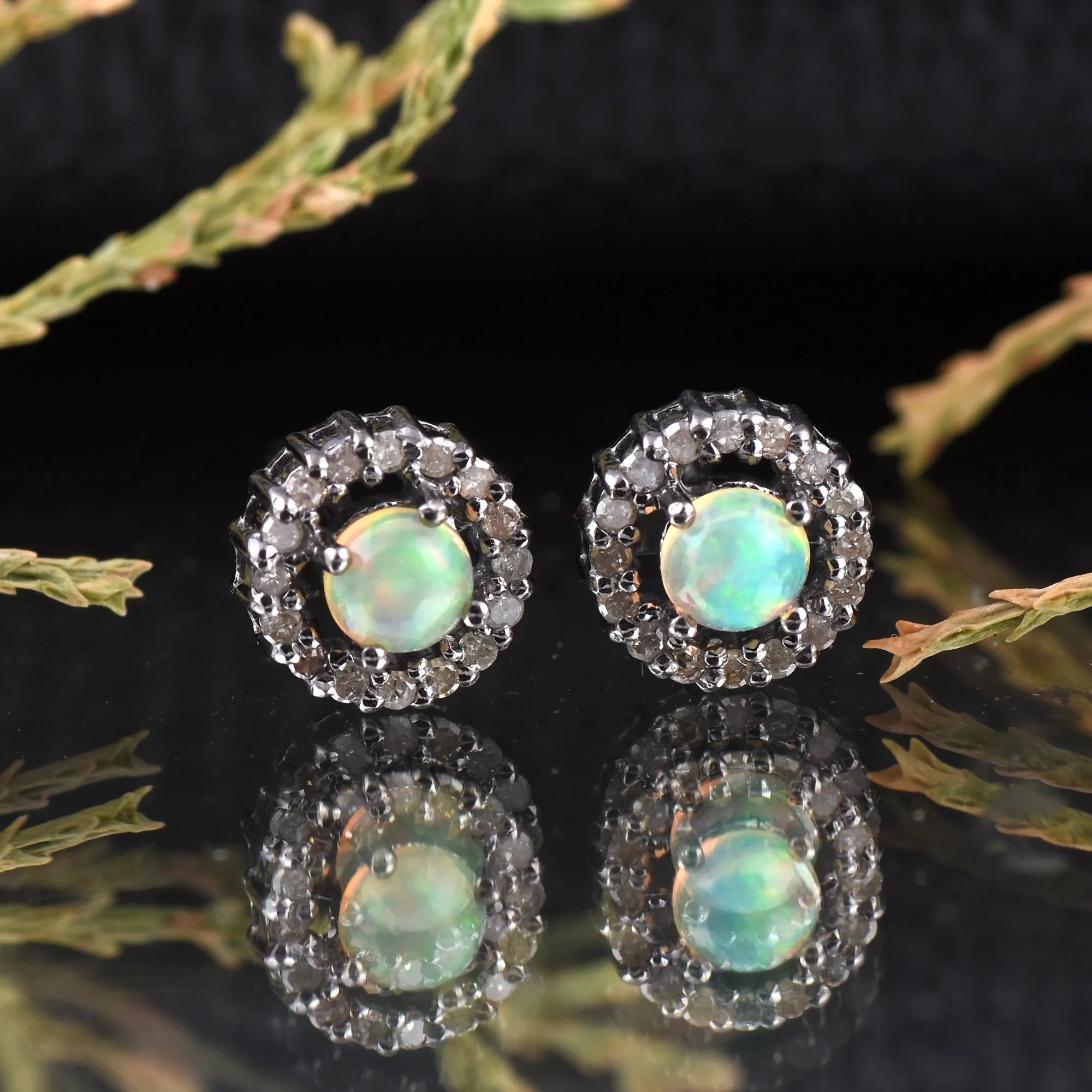 Opal Round Diamond Halo Studs Earrings