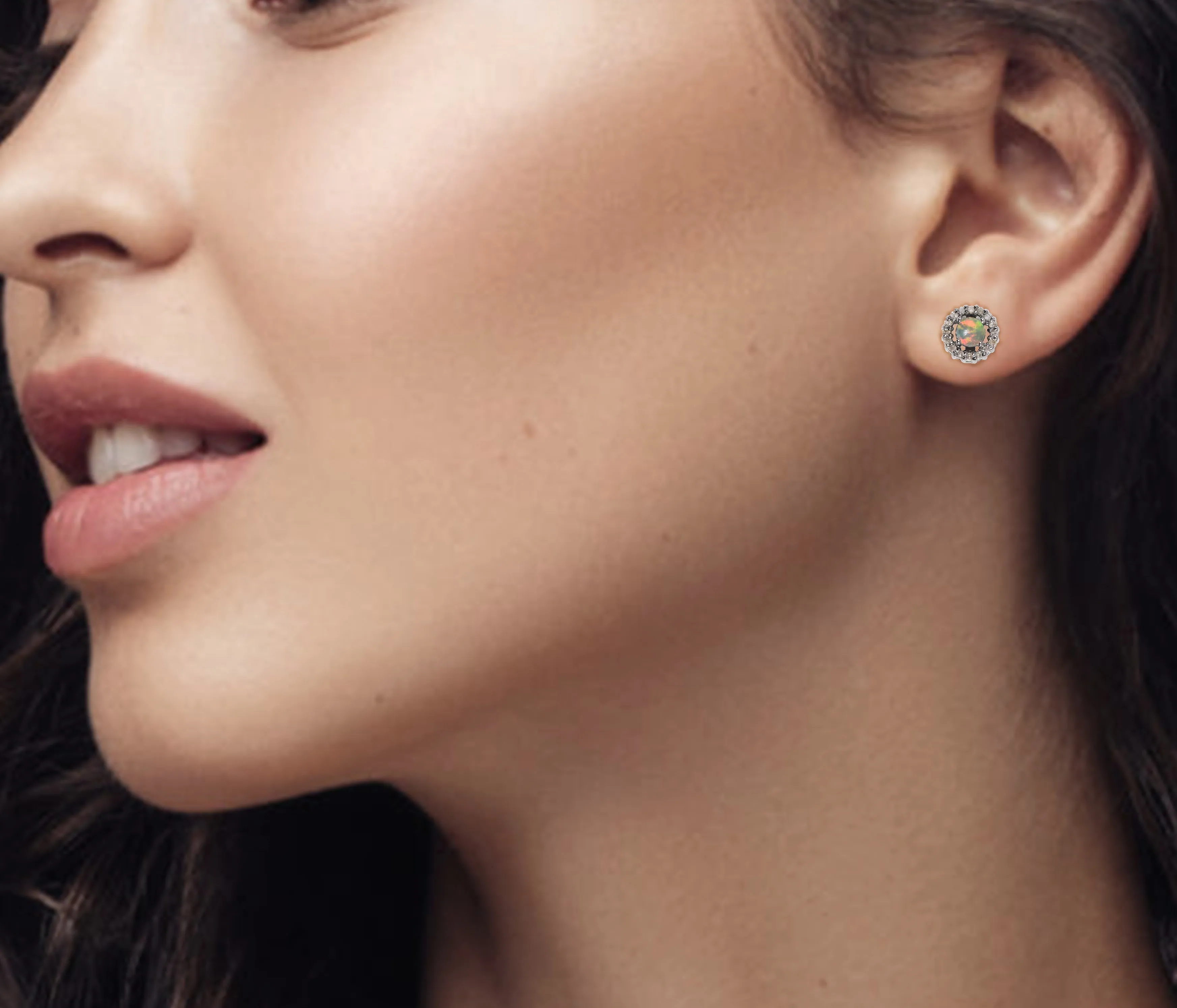 Opal Round Diamond Halo Studs Earrings