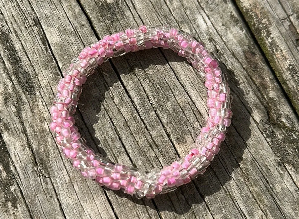 Pink& clear crocheted bracelet