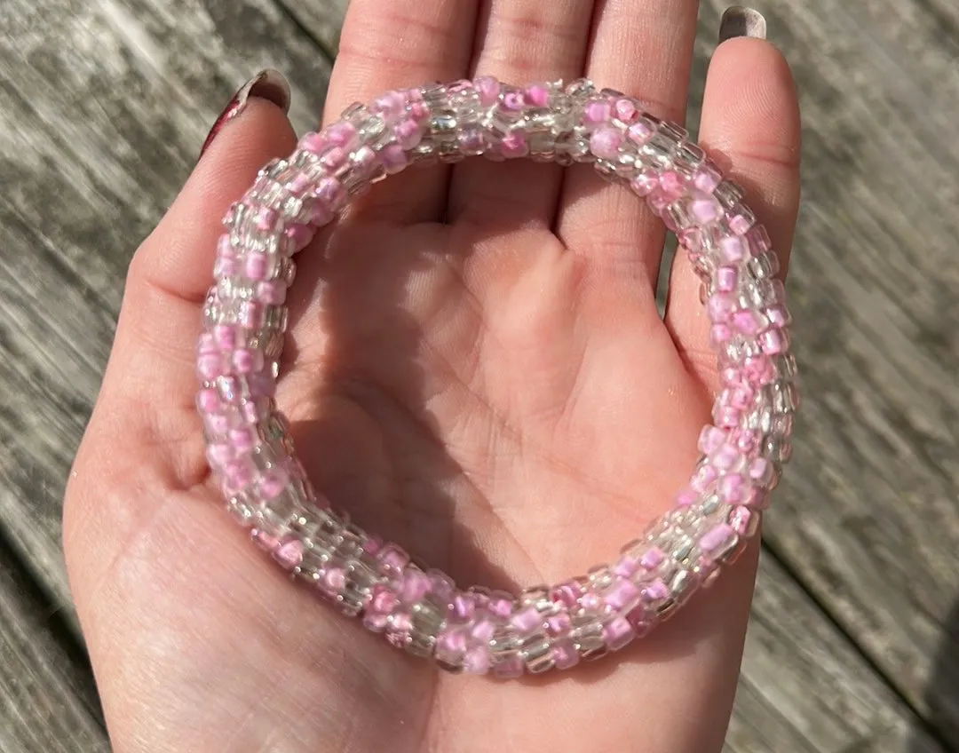 Pink& clear crocheted bracelet