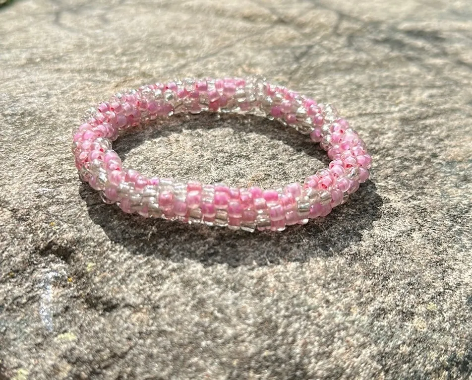 Pink& clear crocheted bracelet