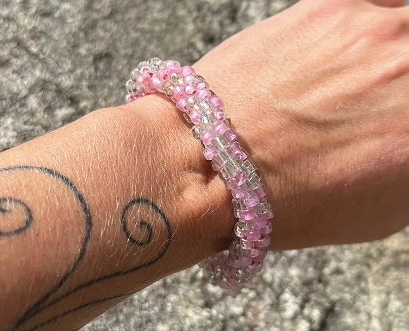 Pink& clear crocheted bracelet