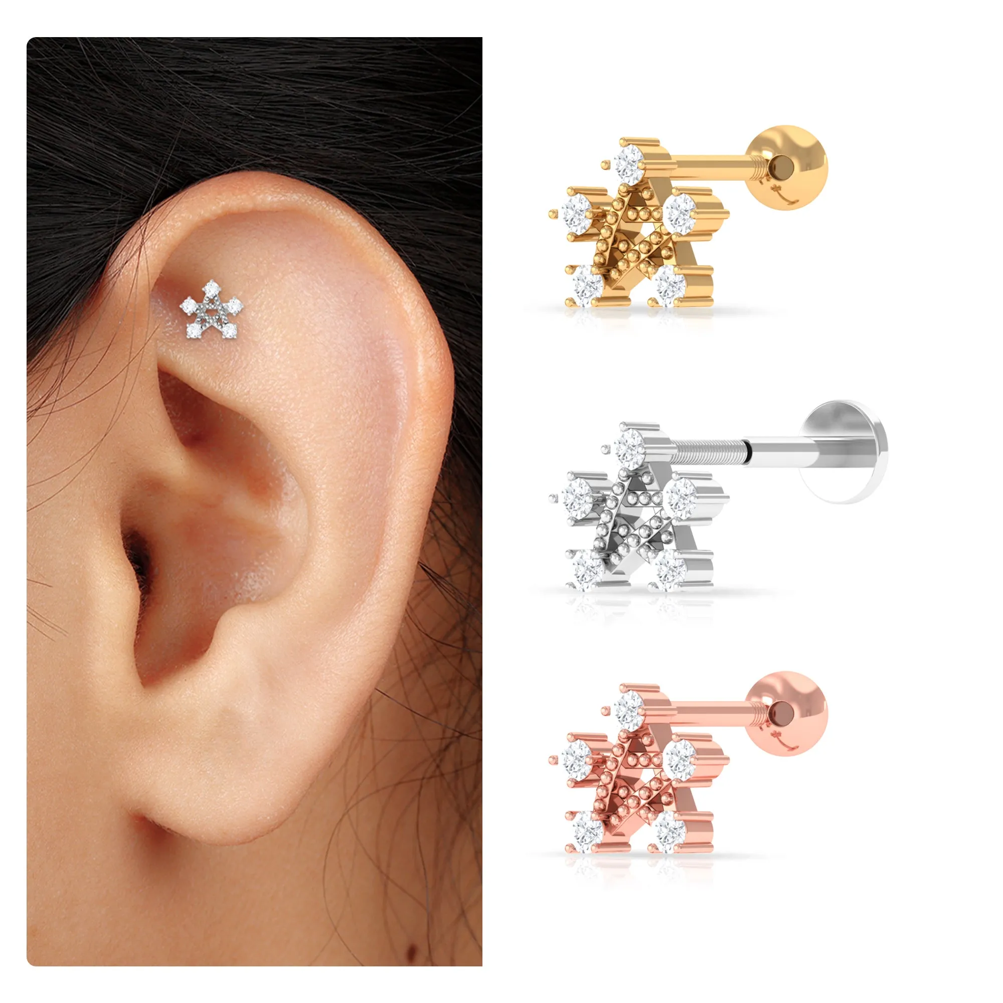 Round Moissanite Gold Star Earring for Helix Piercing