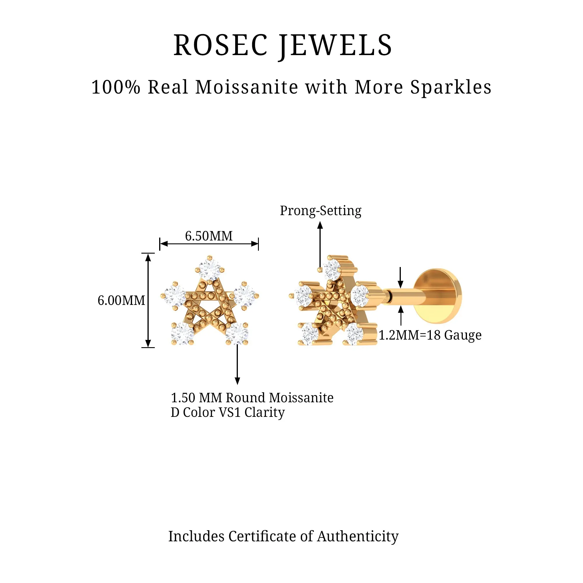 Round Moissanite Gold Star Earring for Helix Piercing