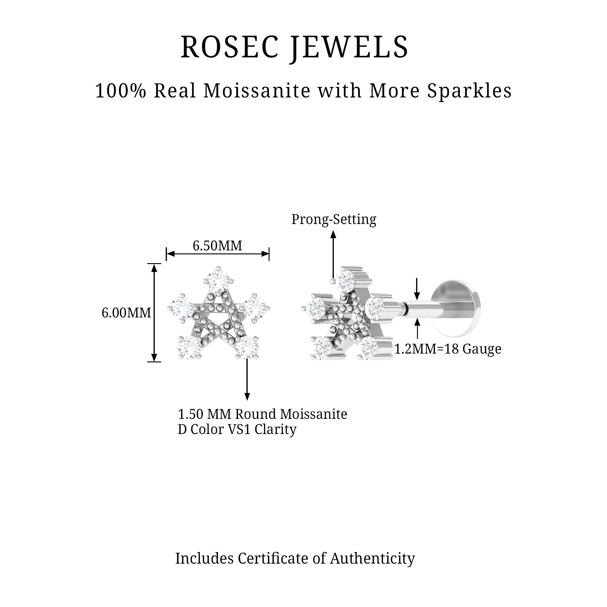 Round Moissanite Gold Star Earring for Helix Piercing