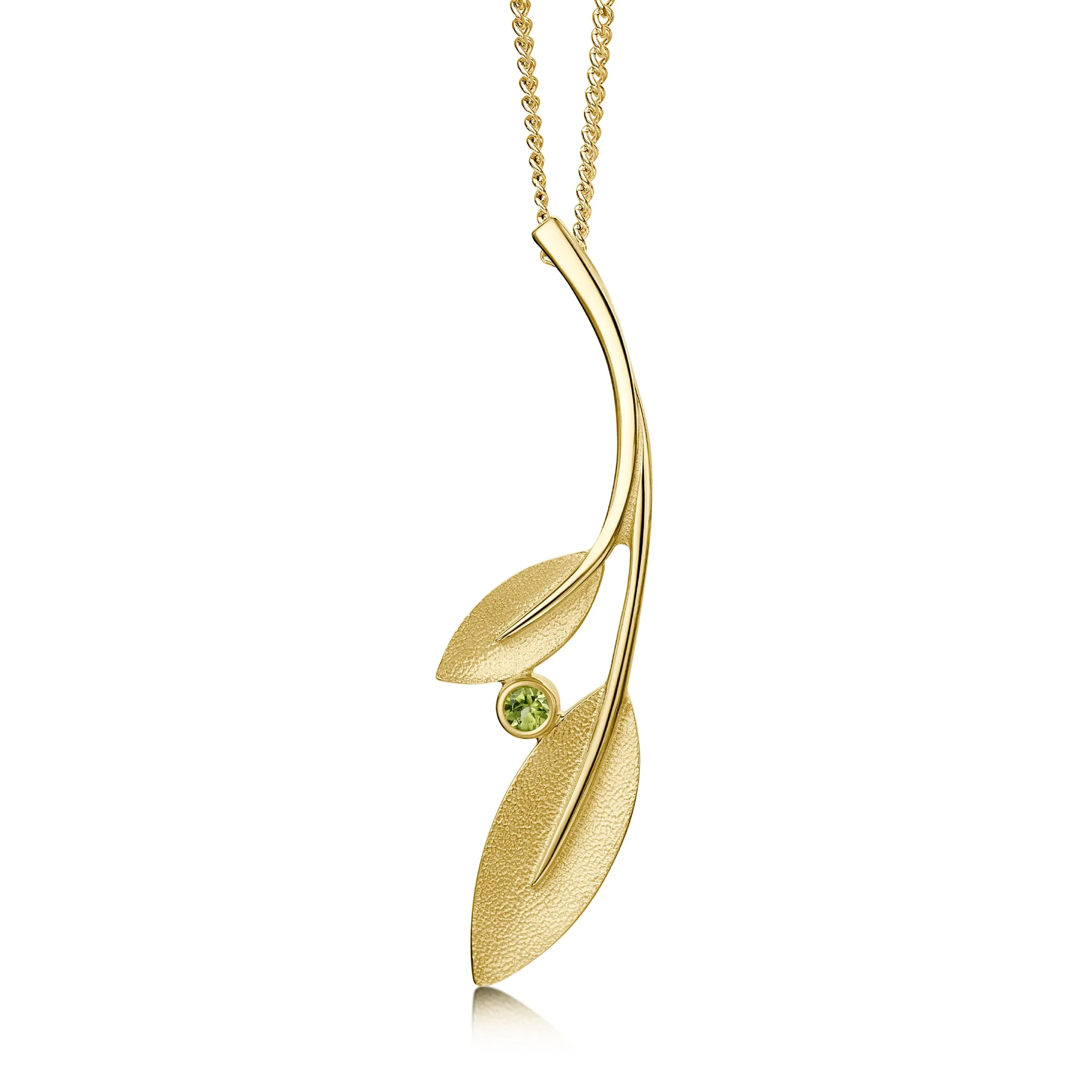 Rowan Two-Leaf Pendant Necklace in 9ct Yellow Gold with Peridot