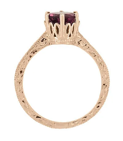 Scroll Filigree Art Deco Crown 1.5 Carat Rhodolite Garnet Solitaire Engagement Ring in 14 Karat Rose ( Pink ) Gold