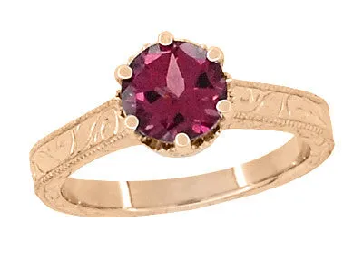 Scroll Filigree Art Deco Crown 1.5 Carat Rhodolite Garnet Solitaire Engagement Ring in 14 Karat Rose ( Pink ) Gold