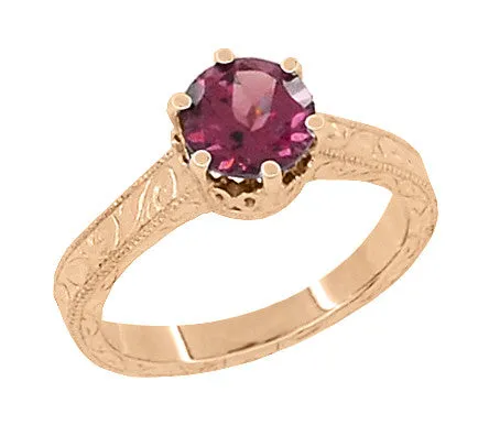 Scroll Filigree Art Deco Crown 1.5 Carat Rhodolite Garnet Solitaire Engagement Ring in 14 Karat Rose ( Pink ) Gold