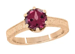 Scroll Filigree Art Deco Crown 1.5 Carat Rhodolite Garnet Solitaire Engagement Ring in 14 Karat Rose ( Pink ) Gold
