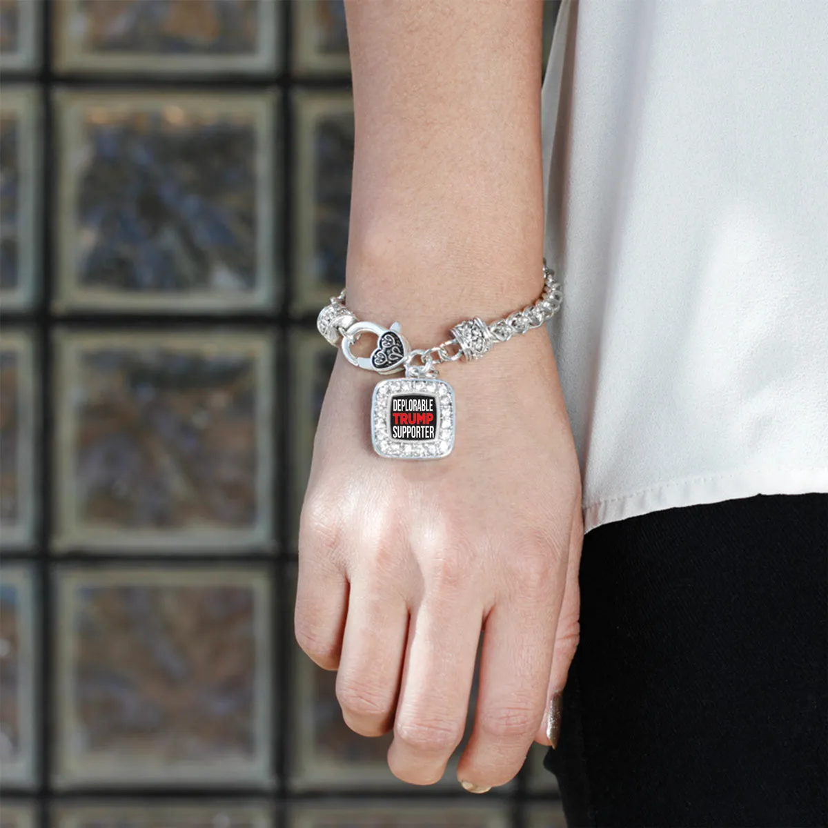 Silver Deplorable Trump Supporter Square Charm Braided Bracelet