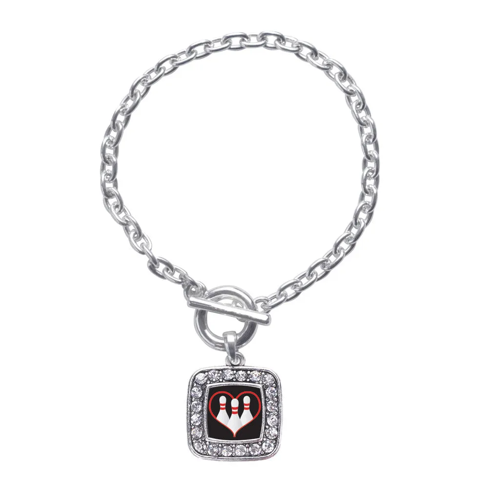 Silver I Heart Bowling Square Charm Toggle Bracelet