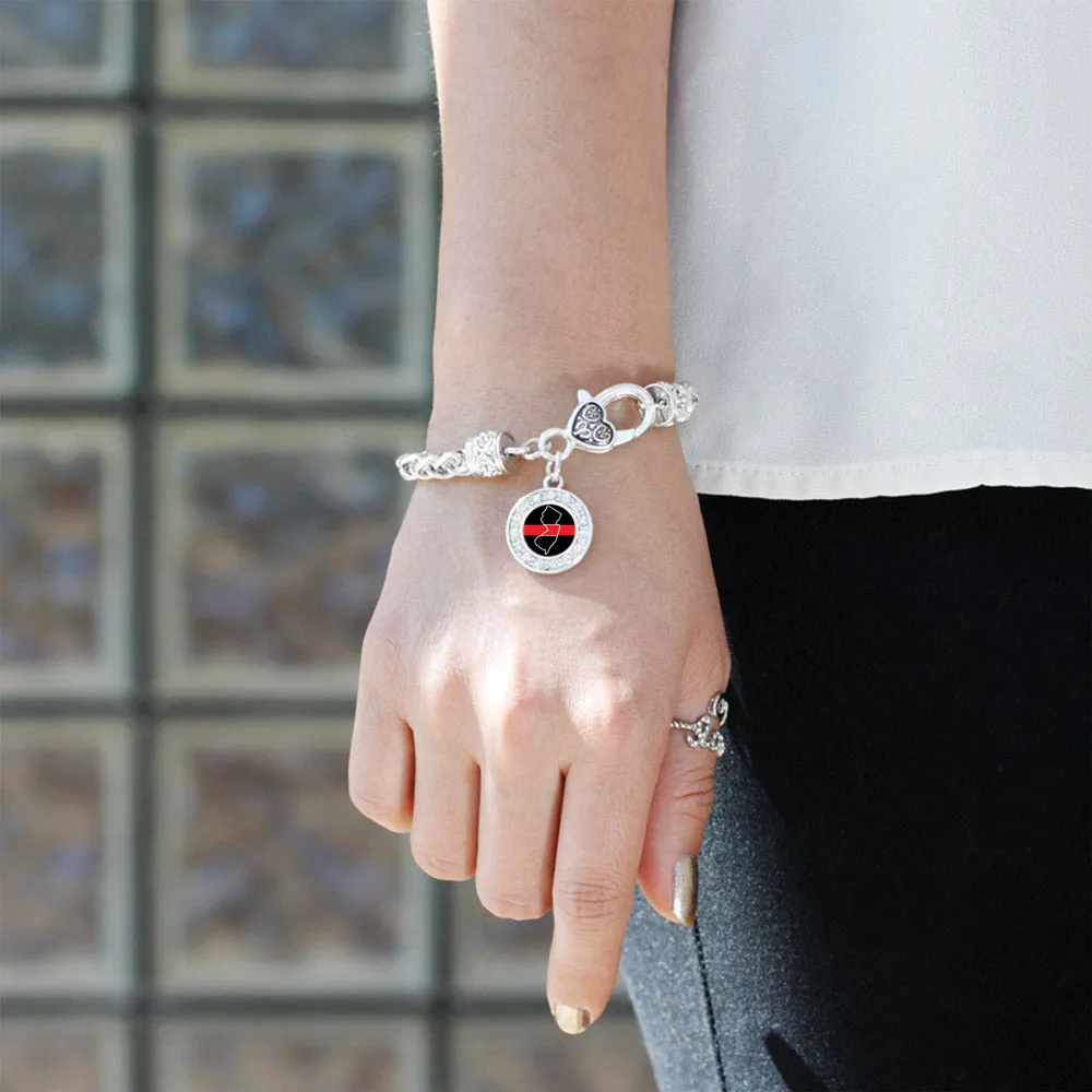 Silver New Jersey Thin Red Line Circle Charm Braided Bracelet