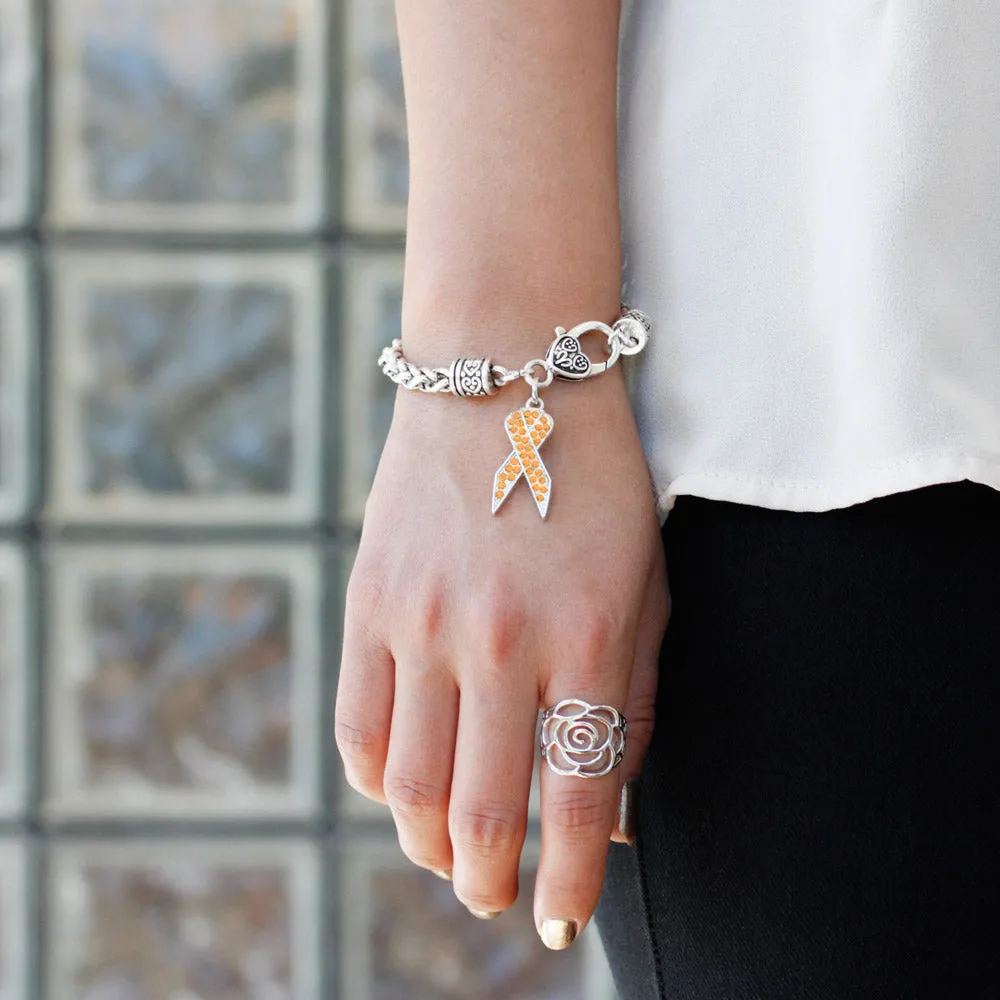 Silver Orange Ribbon Charm Braided Bracelet