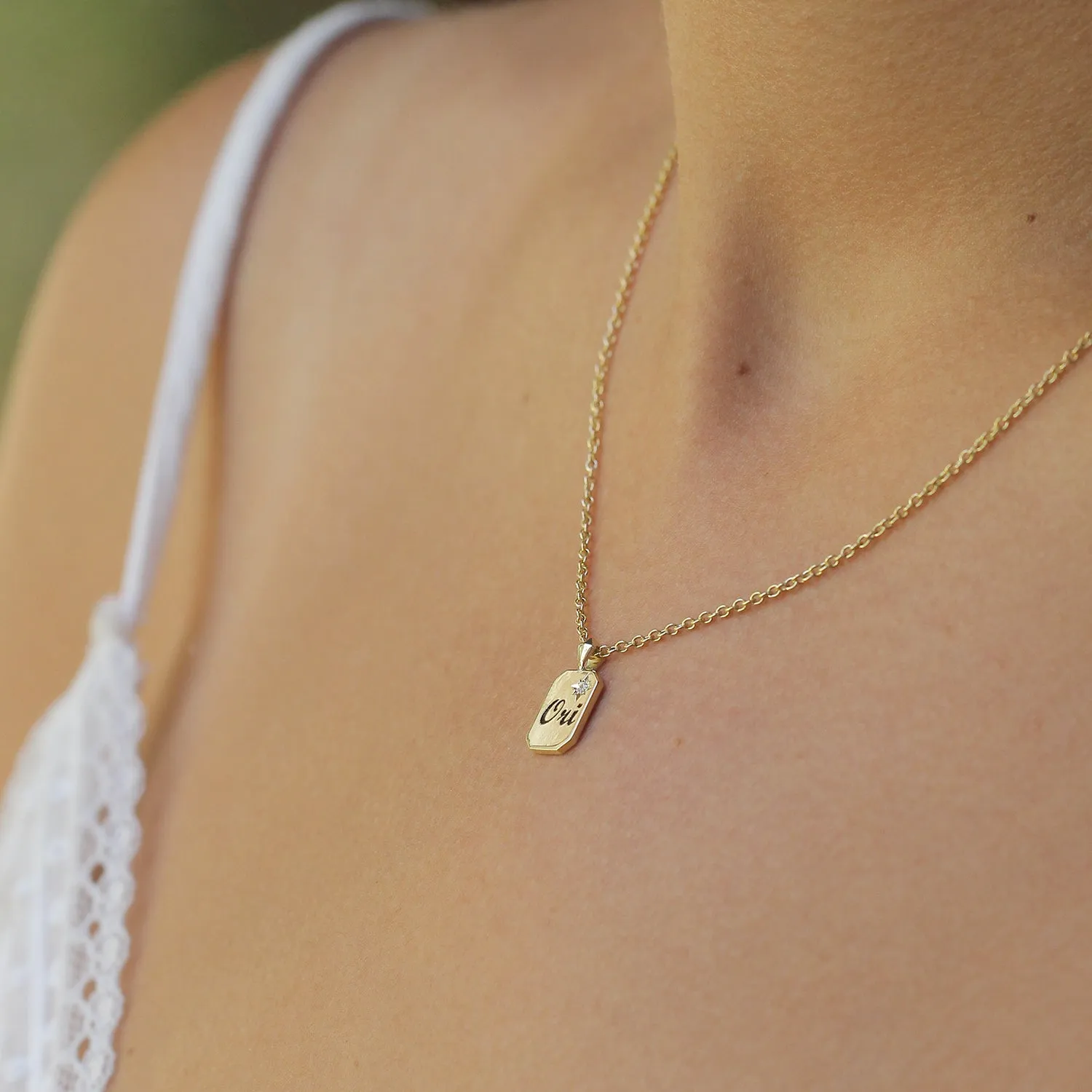 Small Tag Necklace with Diamond & Engraving