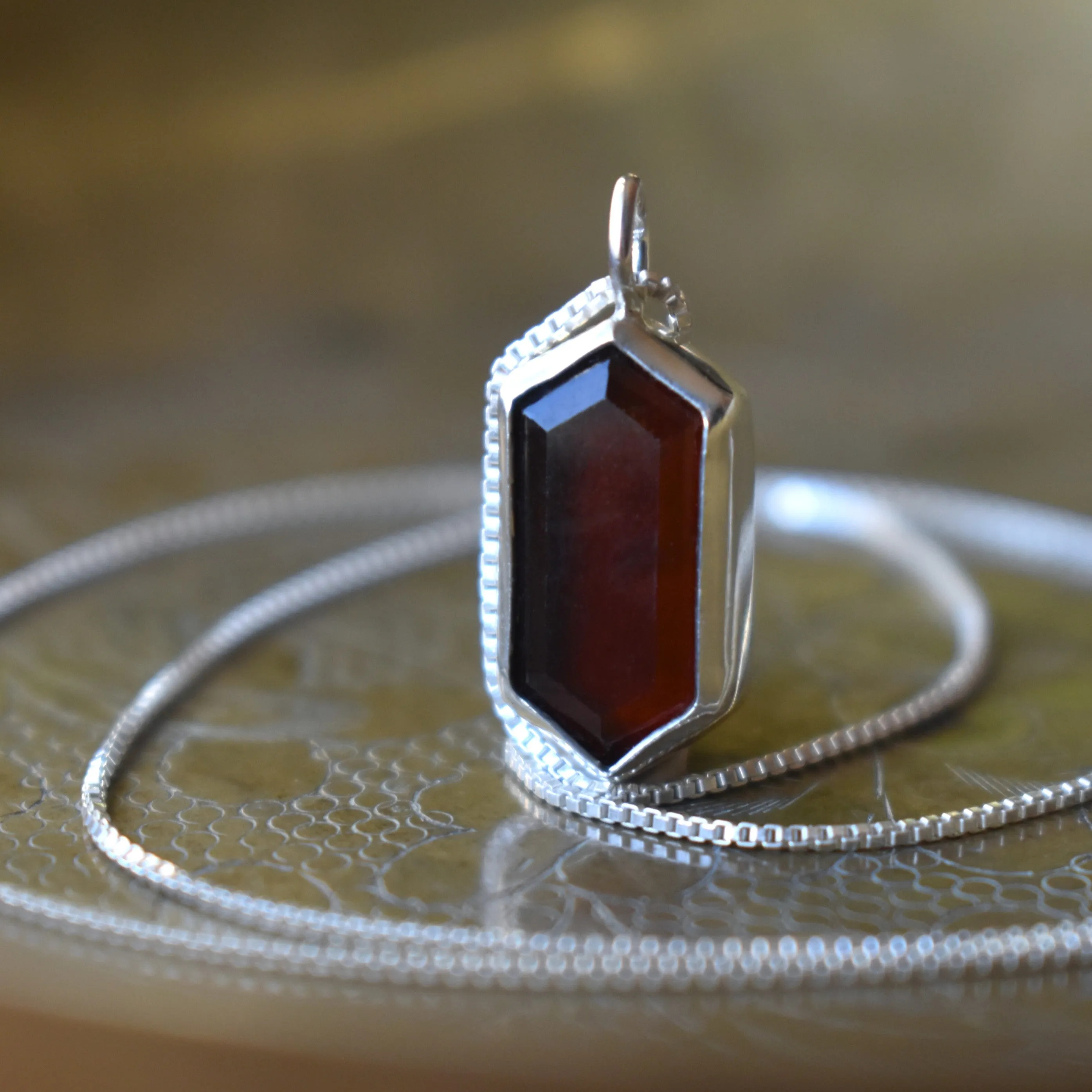 Stepped Elongated Hexagon Hessonite Garnet Necklace