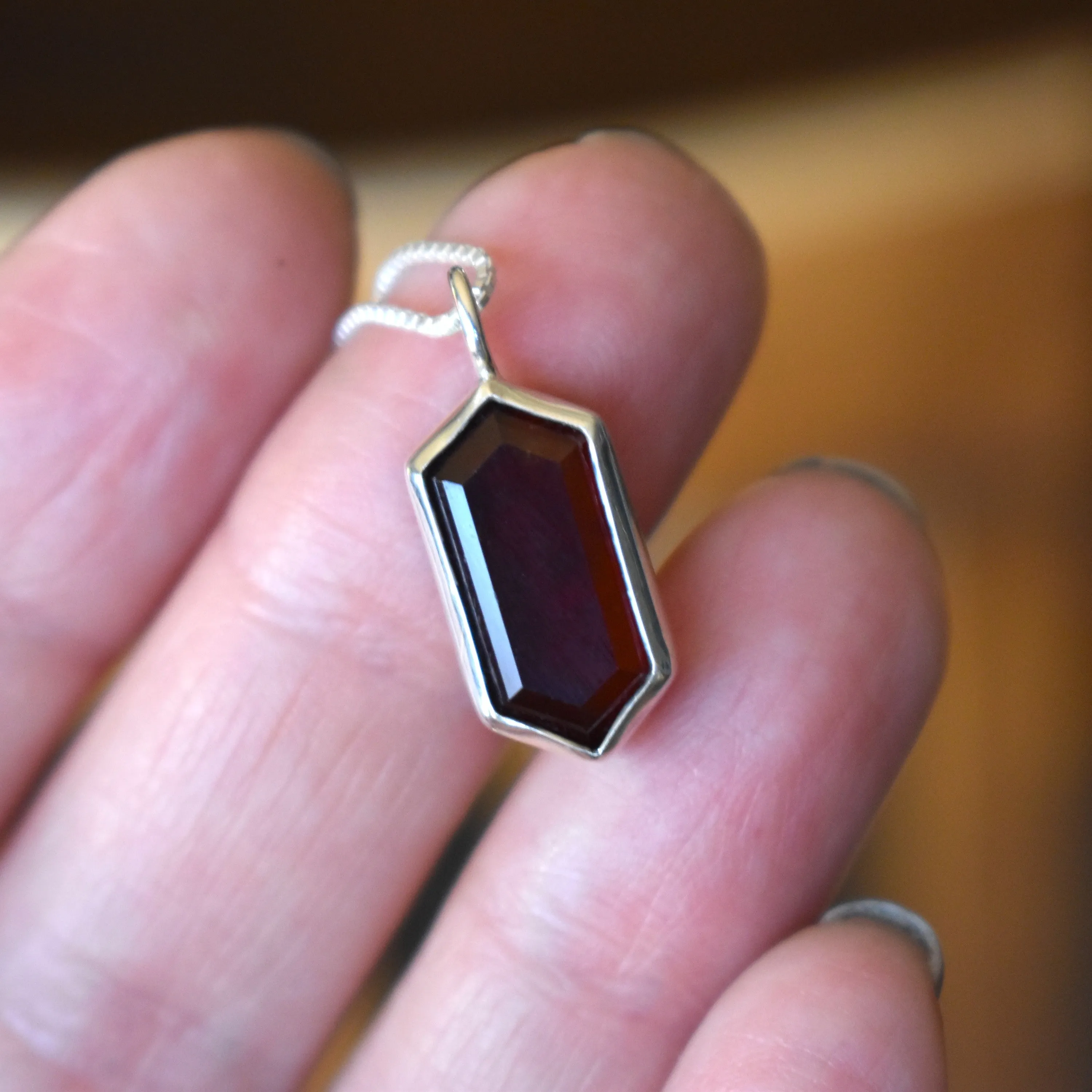 Stepped Elongated Hexagon Hessonite Garnet Necklace