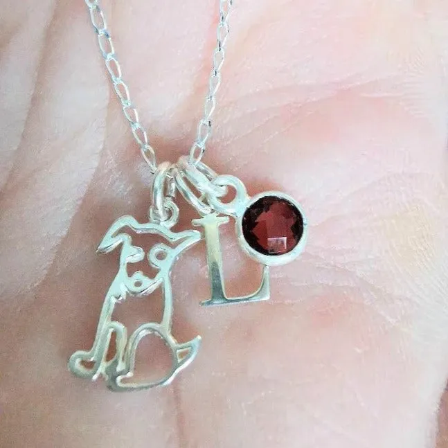 Sterling Silver Initial, Gemstone and Dog Pendant Necklace