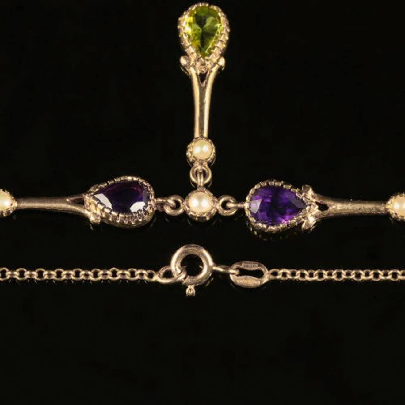 Suffragette Necklace Peridot Amethyst Pearl 9Ct Yellow Gold