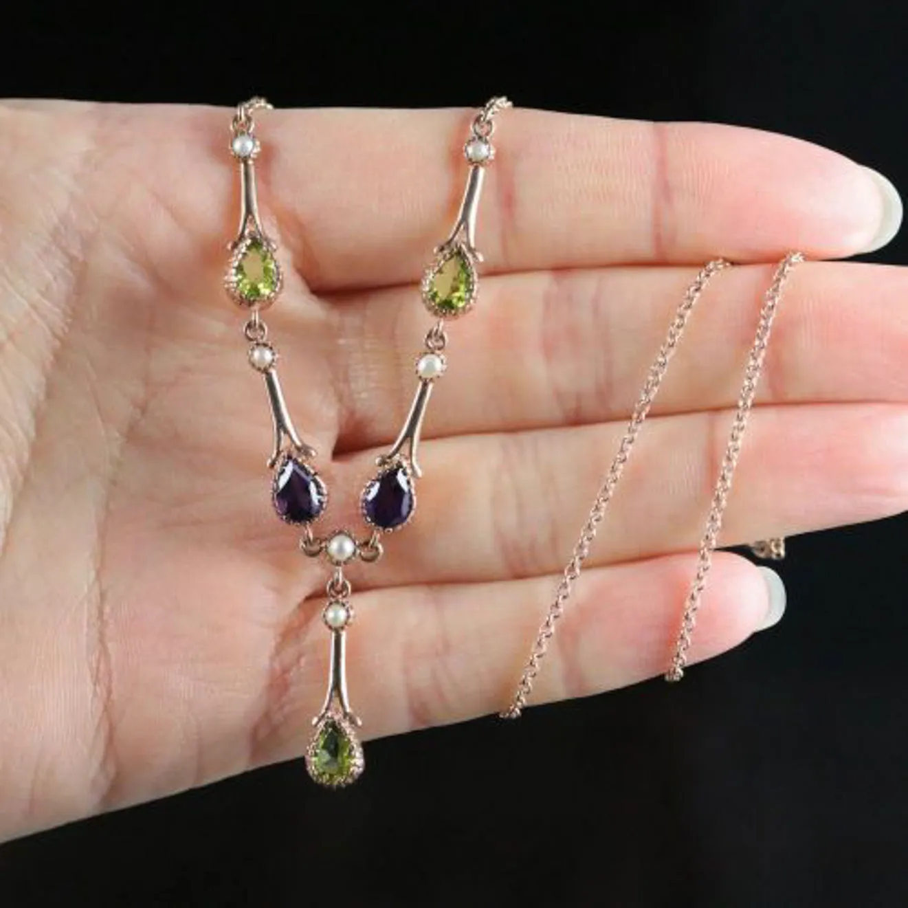 Suffragette Necklace Peridot Amethyst Pearl 9Ct Yellow Gold